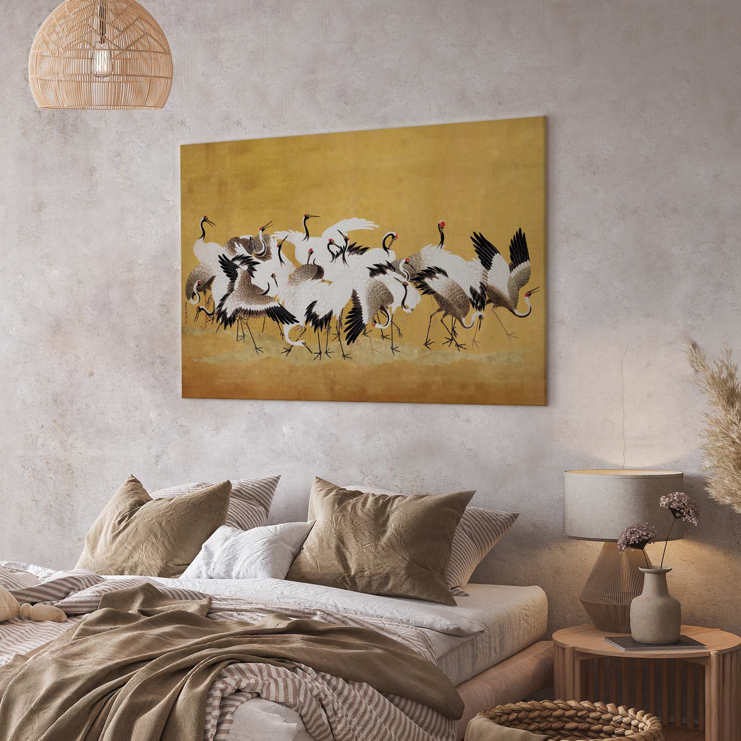Japanese Crane Flock Gold Canvas Print