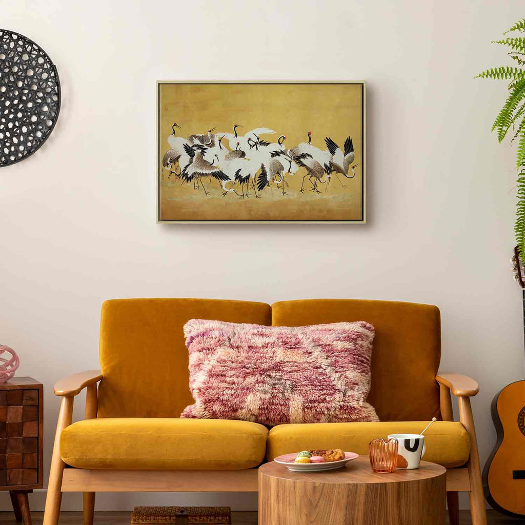 Japanese Crane Flock Gold Canvas Print