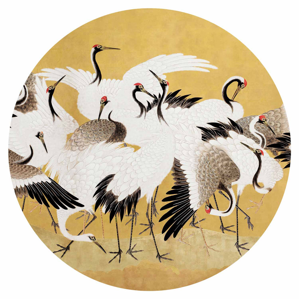 Japanese Crane Flock Gold Round Wall Mural