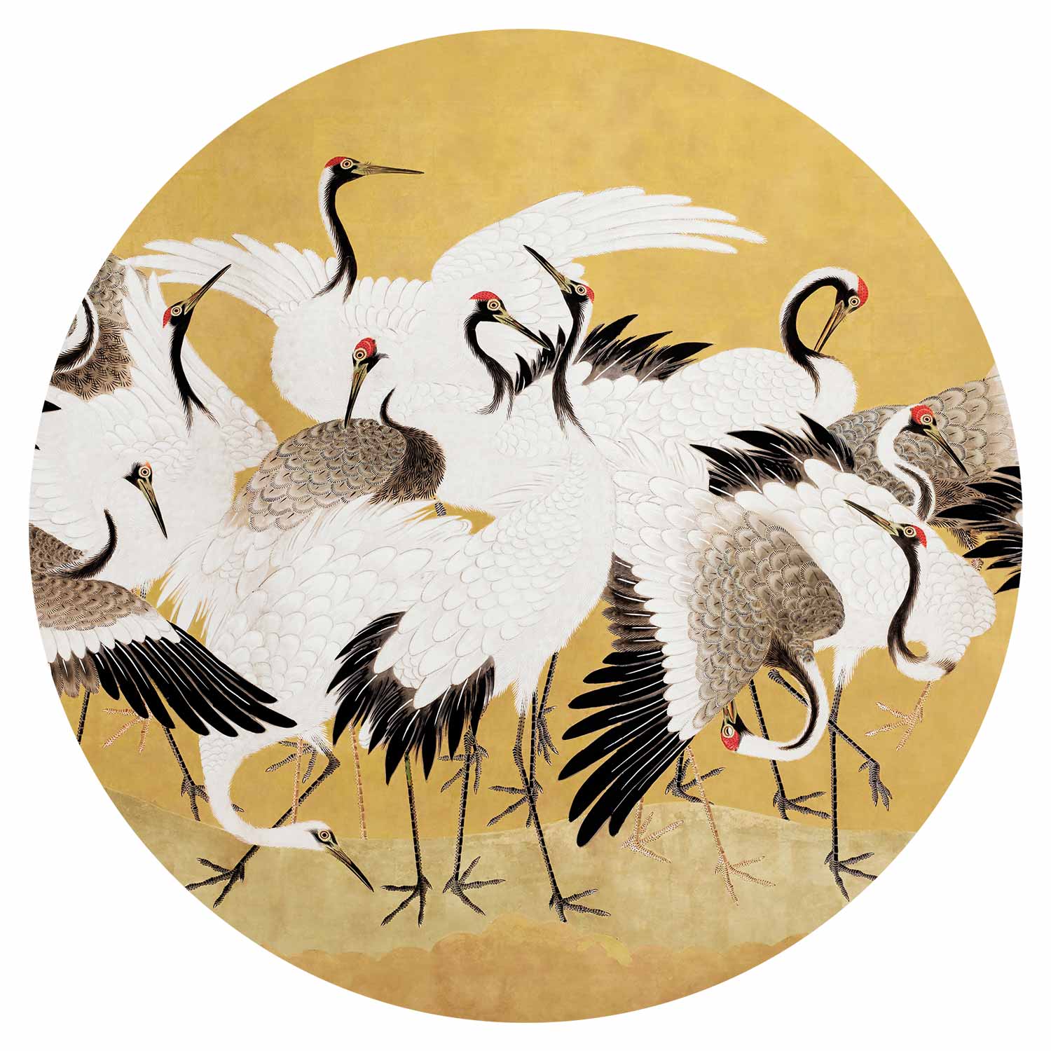 Japanese Crane Flock Gold Round Wall Mural