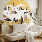 Japanese Crane Flock Gold Round Wall Mural