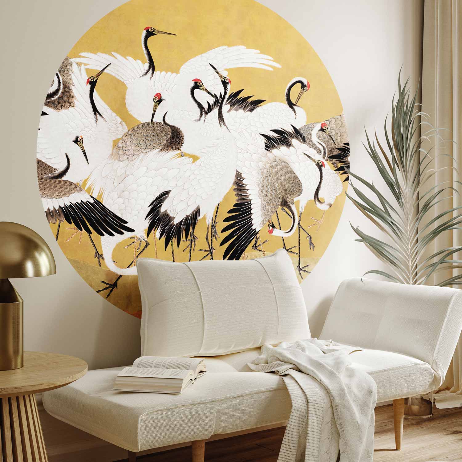 Japanese Crane Flock Gold Round Wall Mural