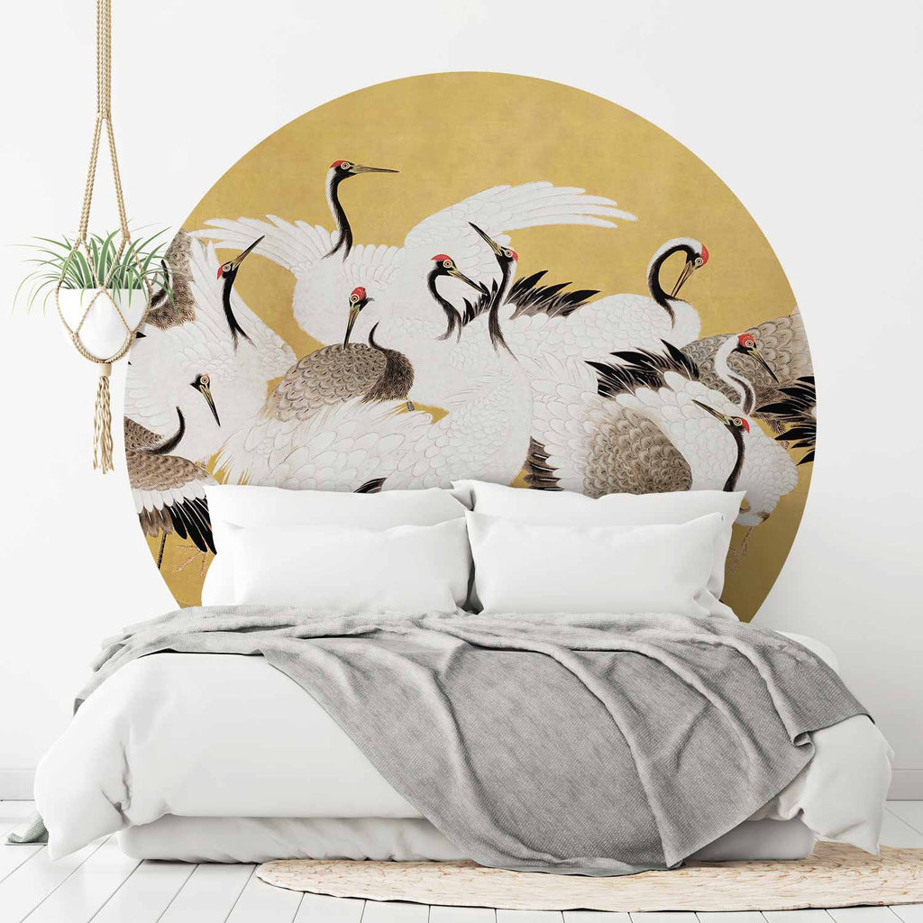 Japanese Crane Flock Gold Round Wall Mural