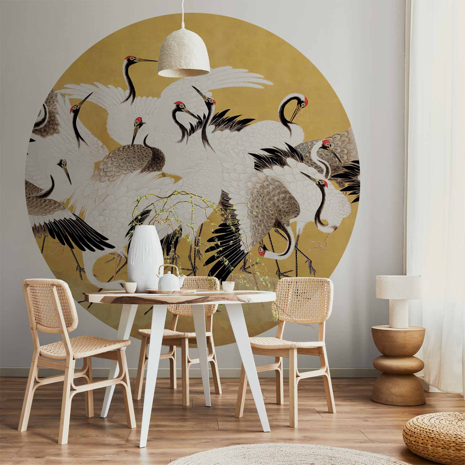 Japanese Crane Flock Gold Round Wall Mural