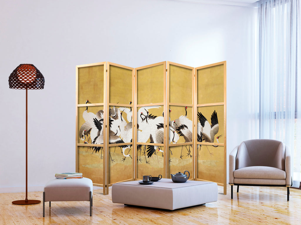 Golden Cranes 5-Panel Japanese Room Divider