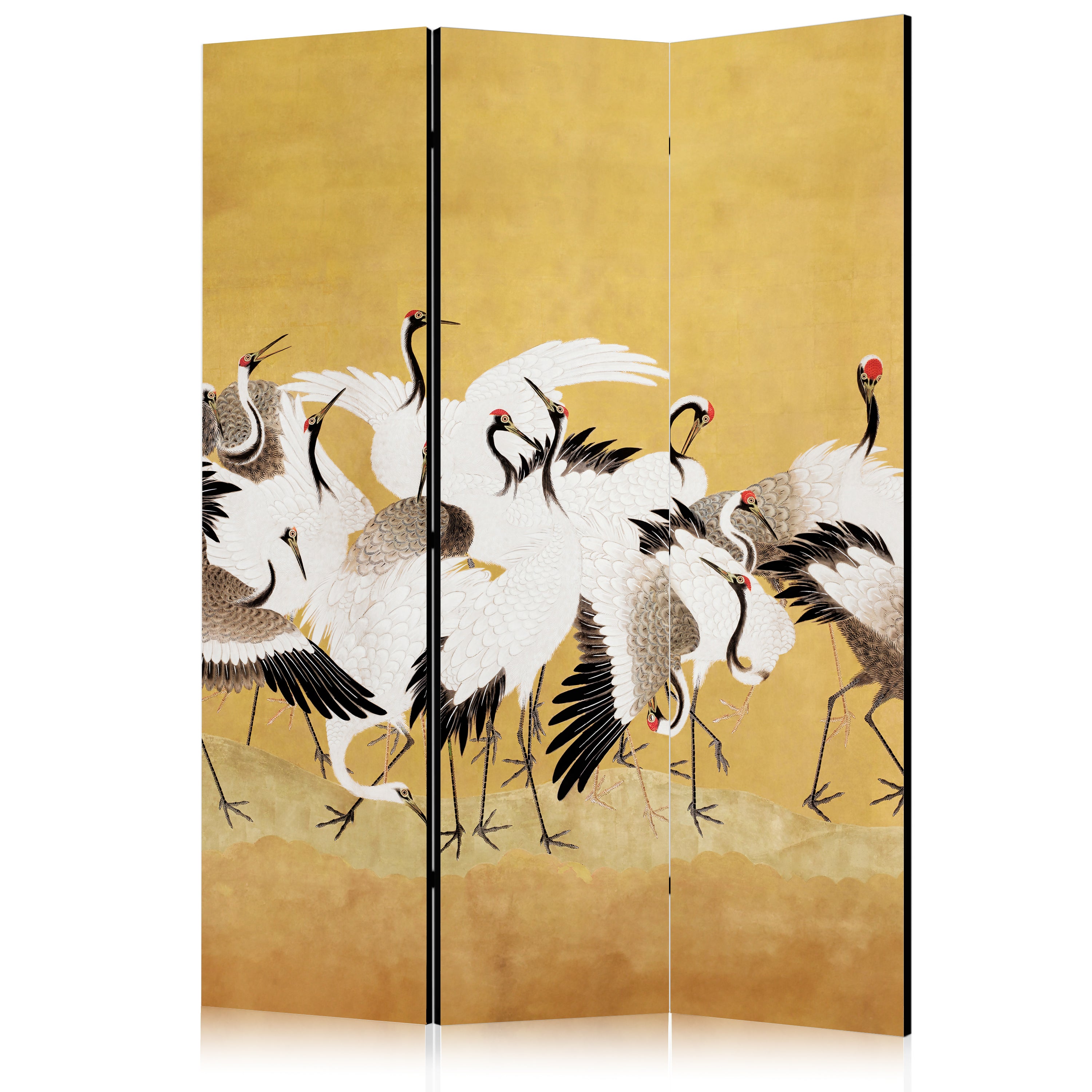 Japanese Cranes Gold 3-Panel Japanese Room Divider