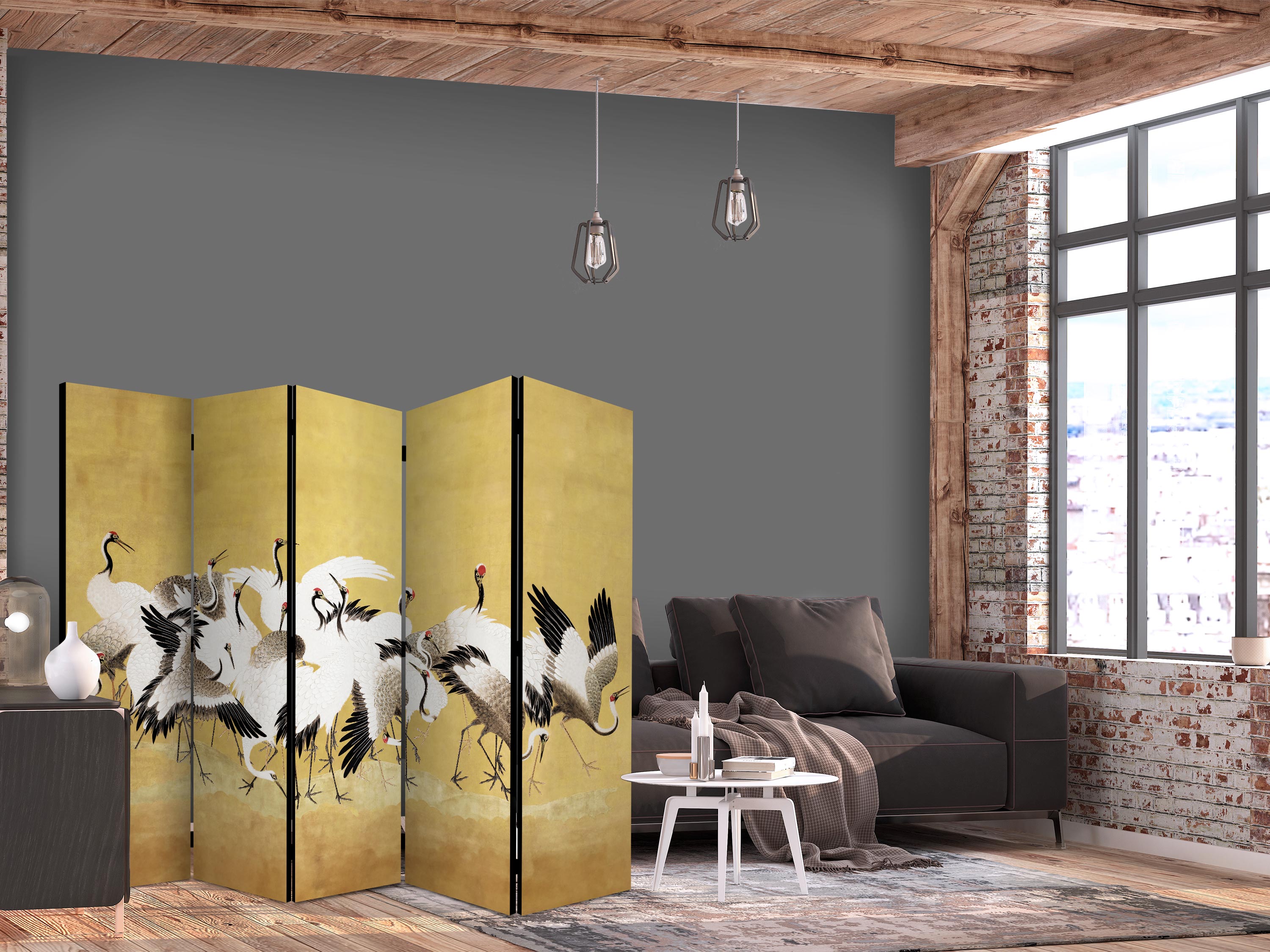 Golden Cranes Nature 5-Panel Japanese Room Divider