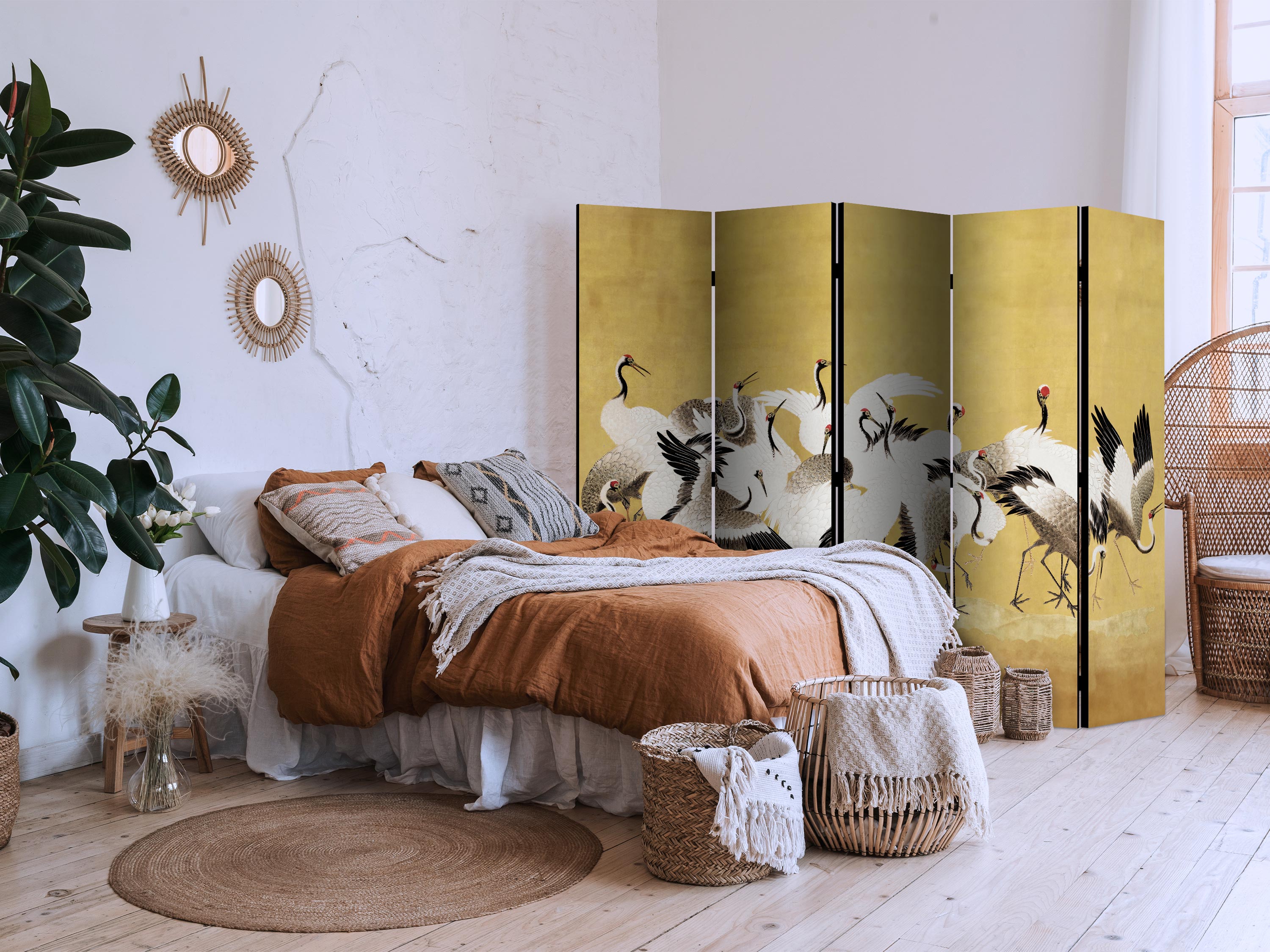 Golden Cranes Nature 5-Panel Japanese Room Divider
