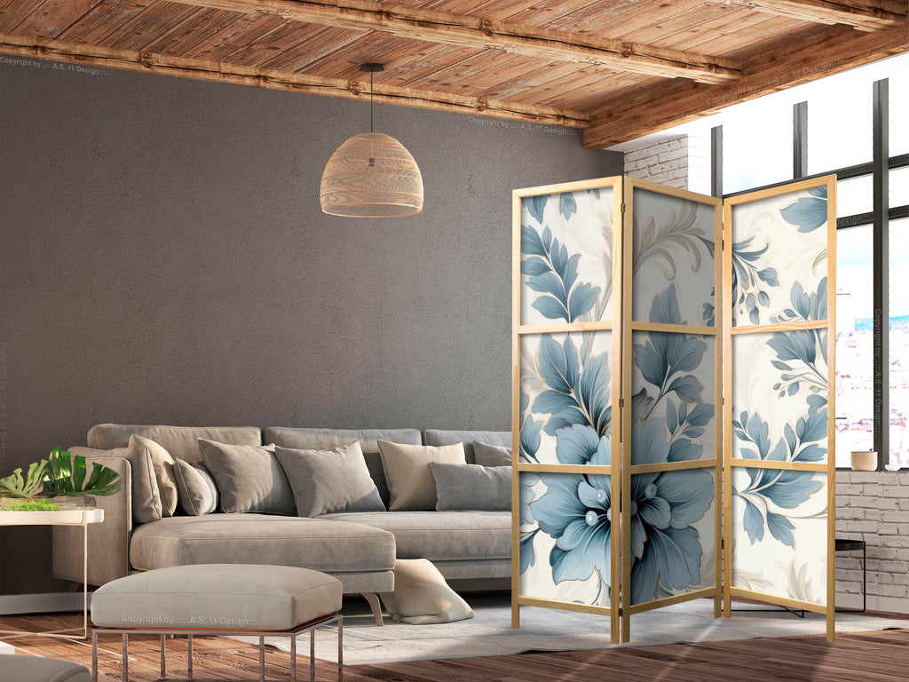Japanese Room Divider - Turquoise Flowers in Retro Ambiance