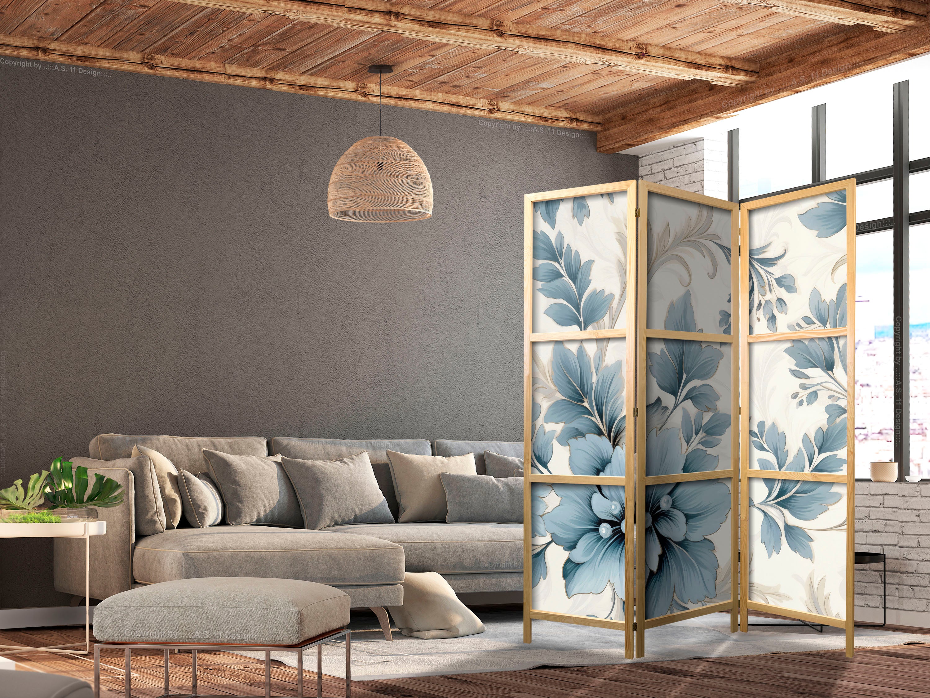 Japanese Room Divider - Turquoise Flowers in Retro Ambiance