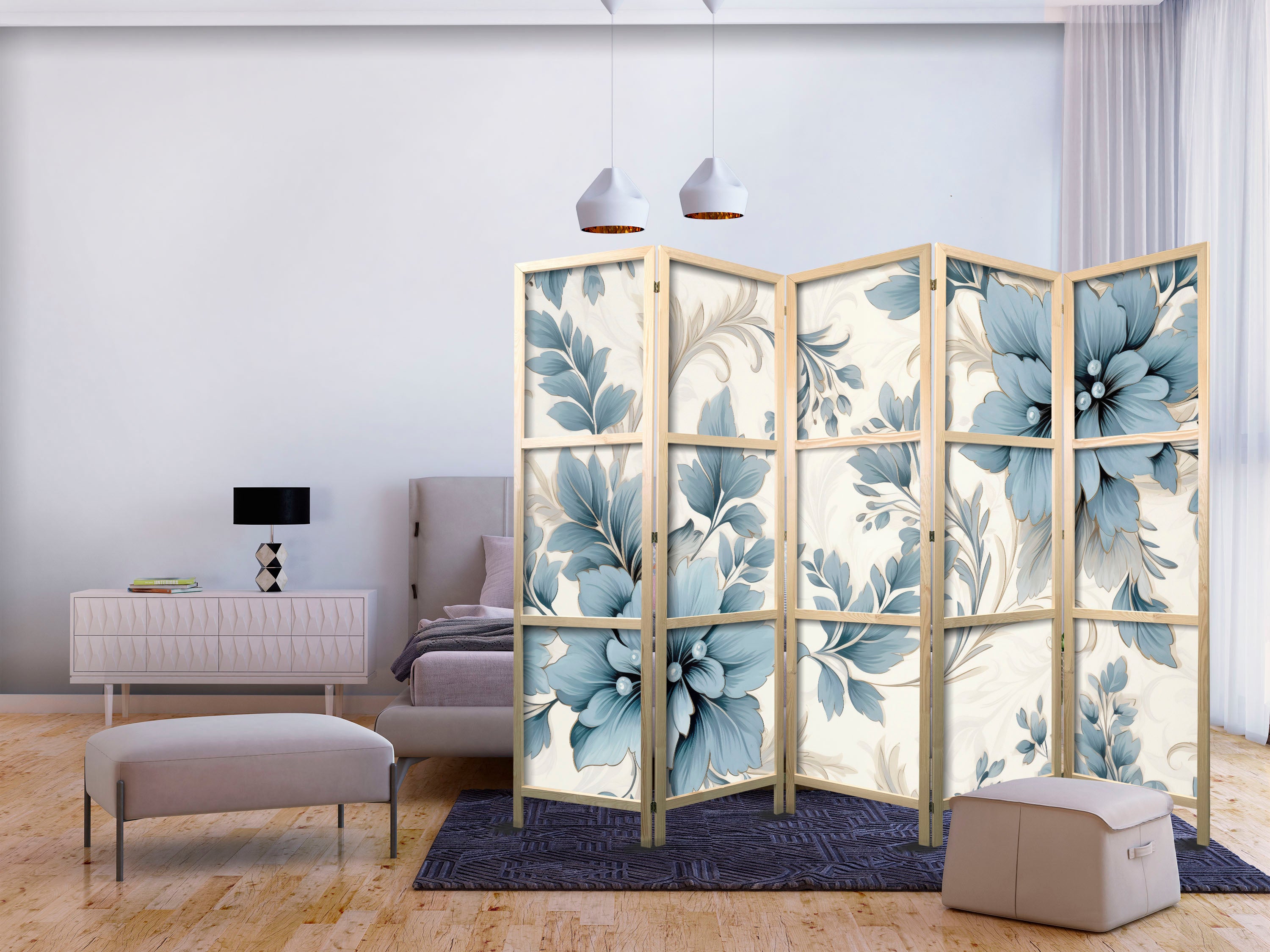 Room Divider - Japanese Turquoise Floral Pattern in Retro Ambiance