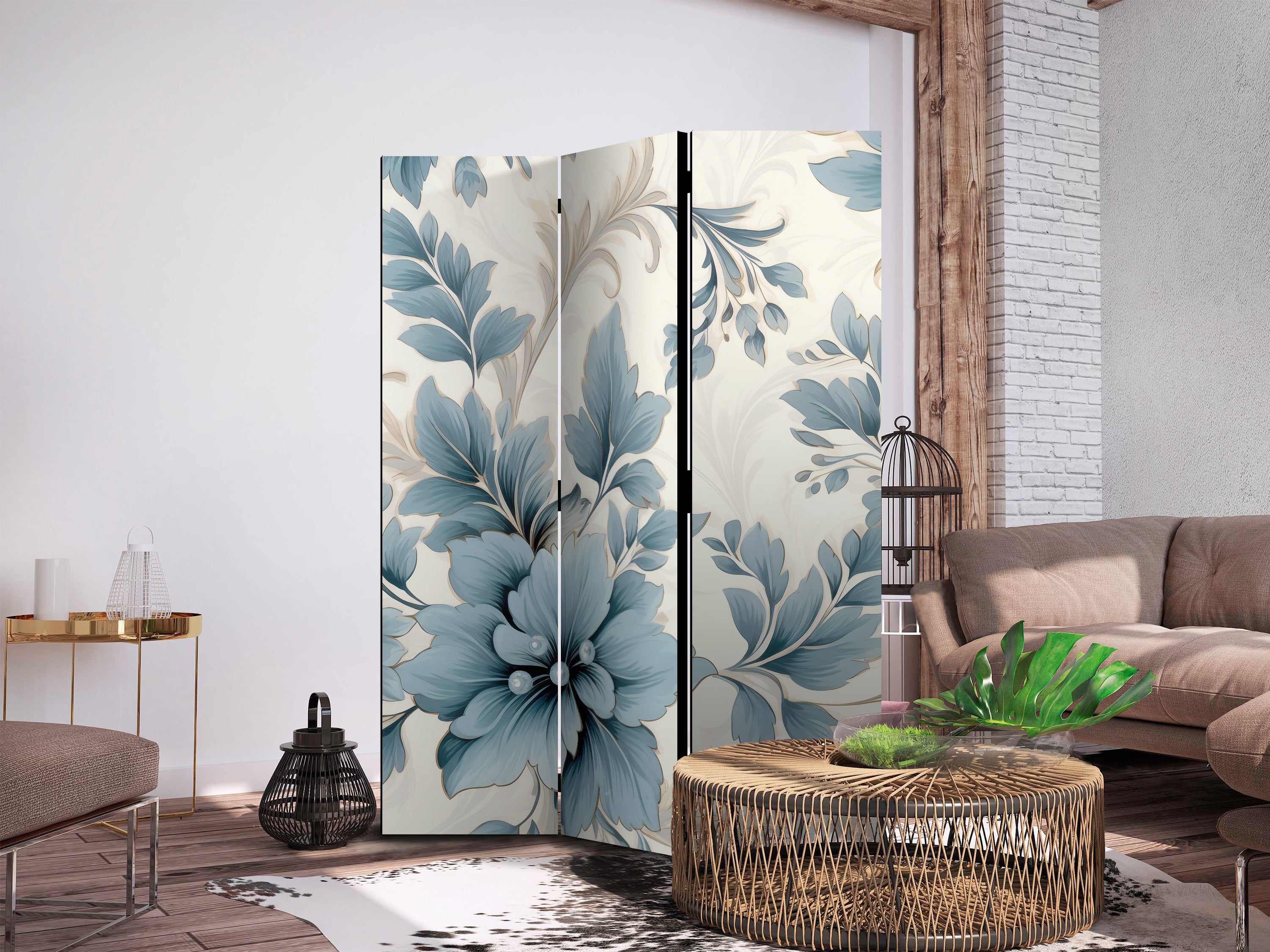 Room Divider with Turquoise Flowers - Floral Ornament