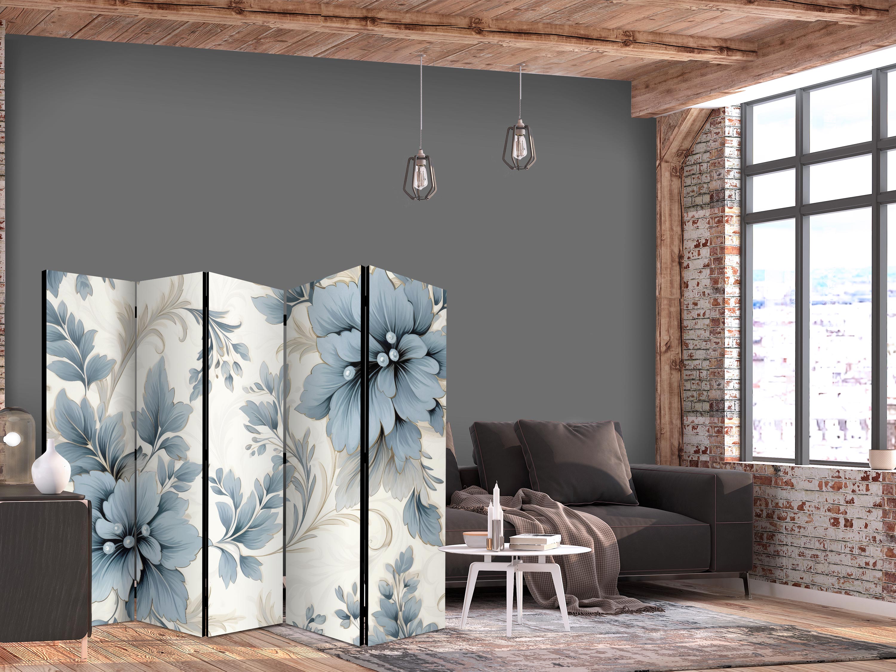 Room Divider - Turquoise Flowers in Retro Vibe