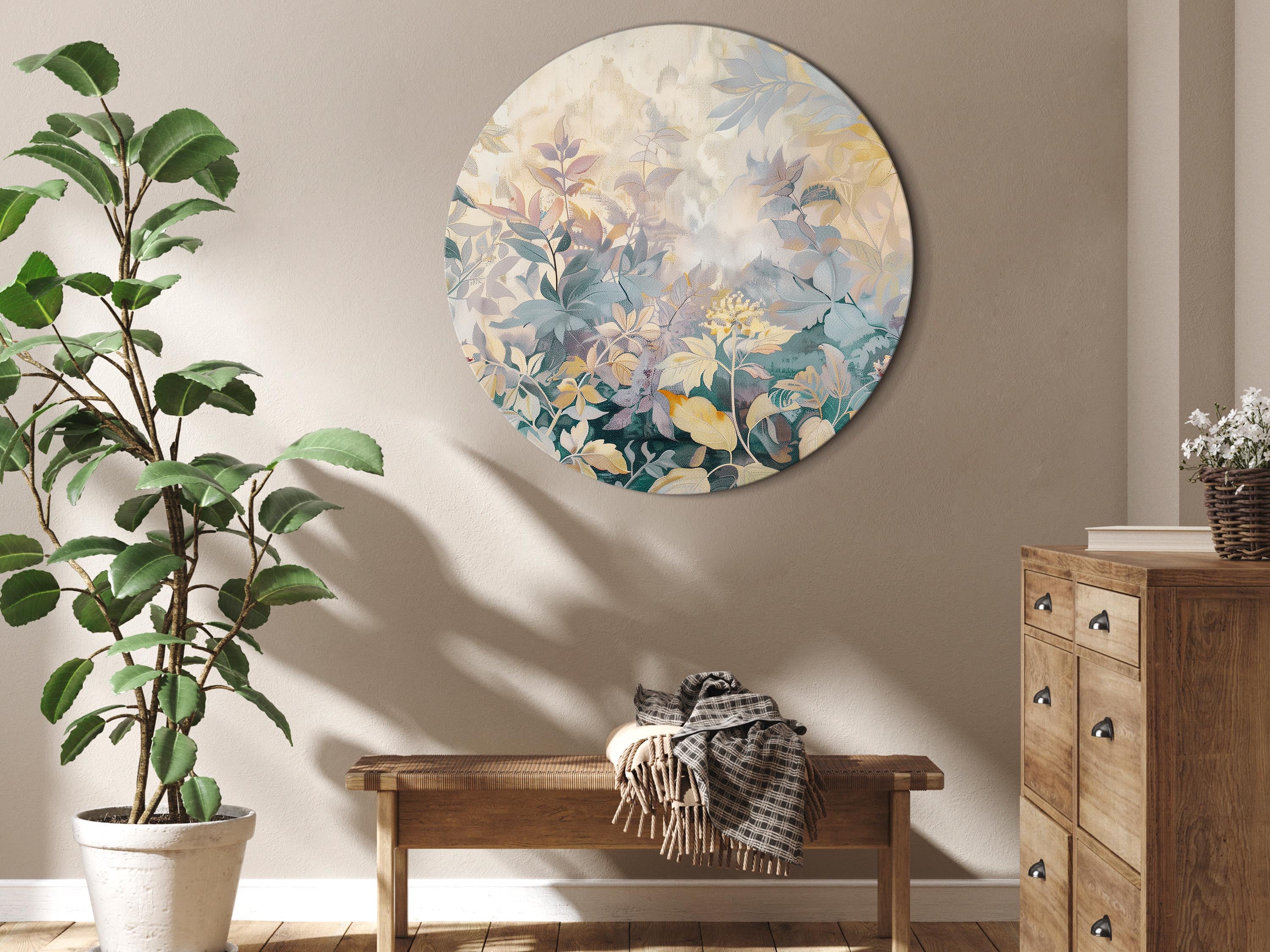 Round Canvas Print with Tapestry Meadow Flowers Kilim Spring Motif
