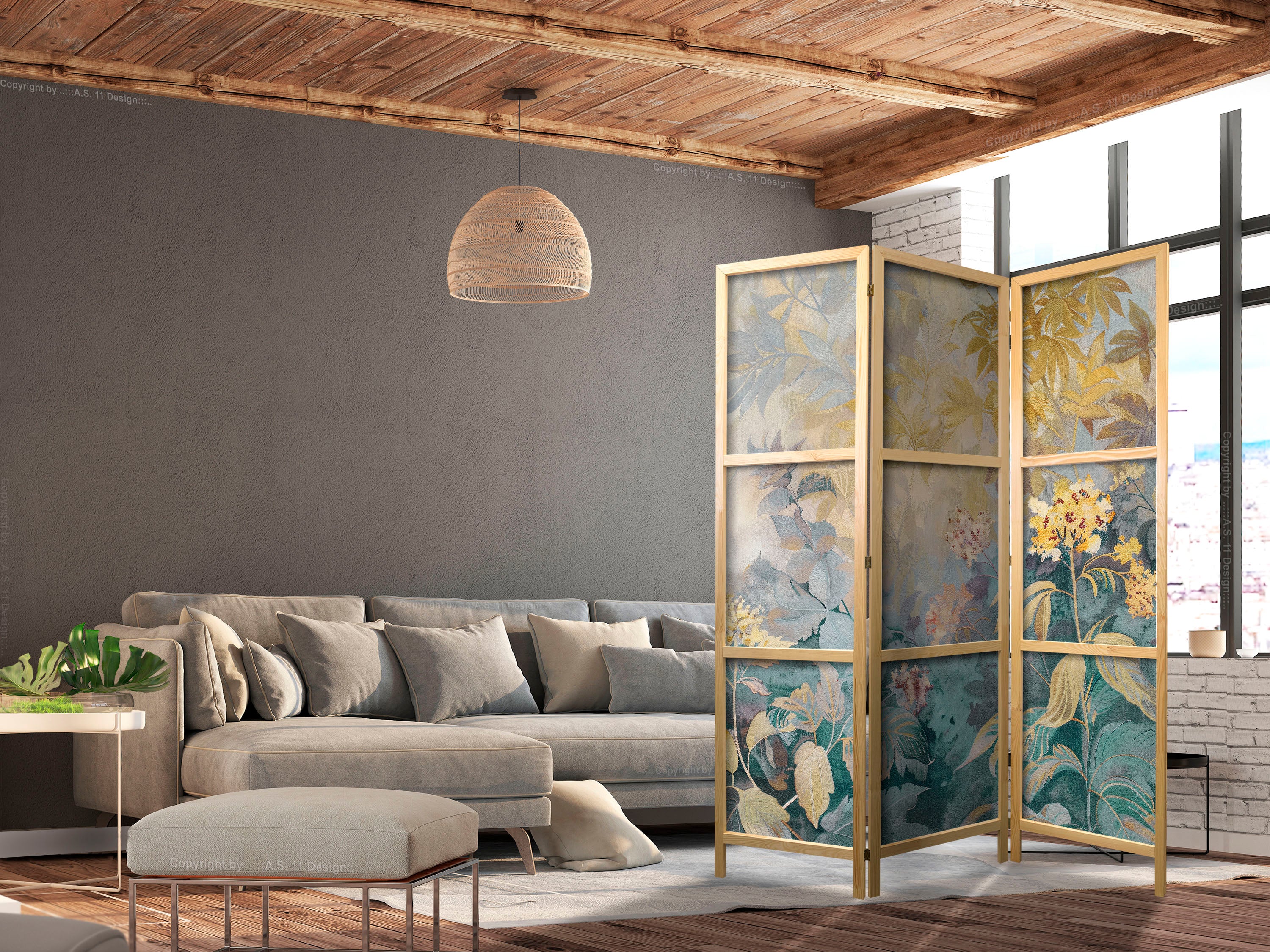 Japanese Room Divider - 3-Panel Kilim Tapestry with Meadow and Flowers