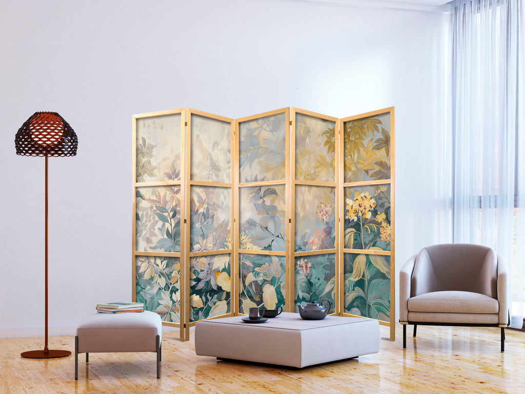 Japanese Room Divider - 5-Panel Floral Meadow Motif