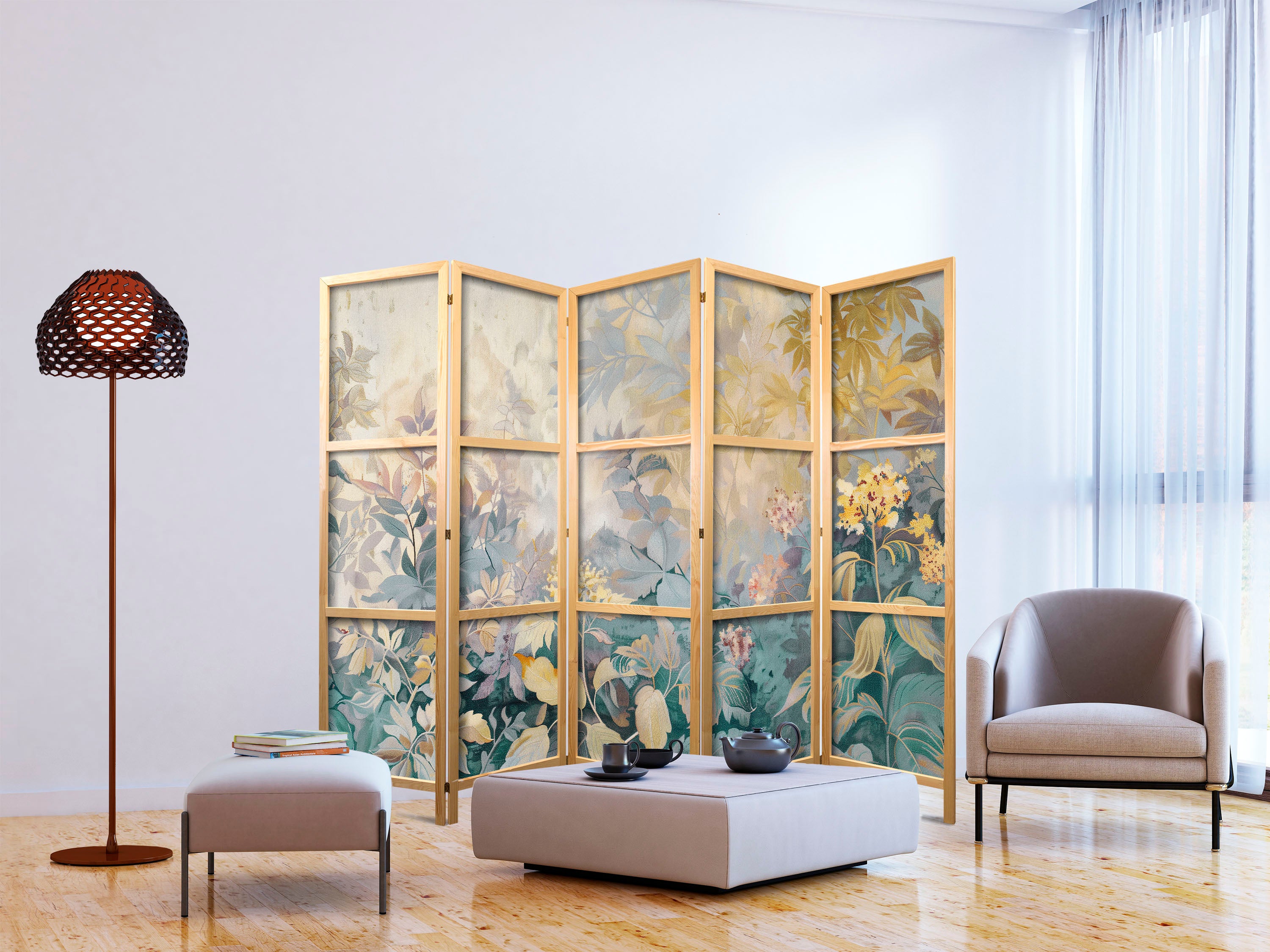 Japanese Room Divider - 5-Panel Floral Meadow Motif
