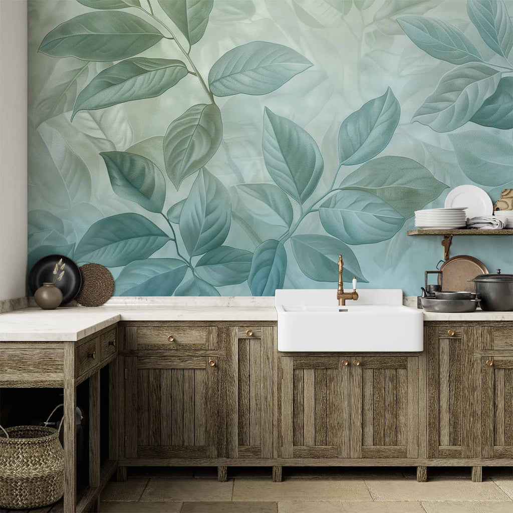 Wandbild mit großen Blättern, grünem Minzmotiv