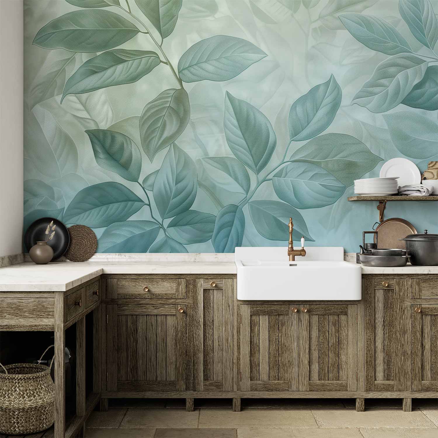 Wall Mural Large Leaves Green Mint Botanical Motif