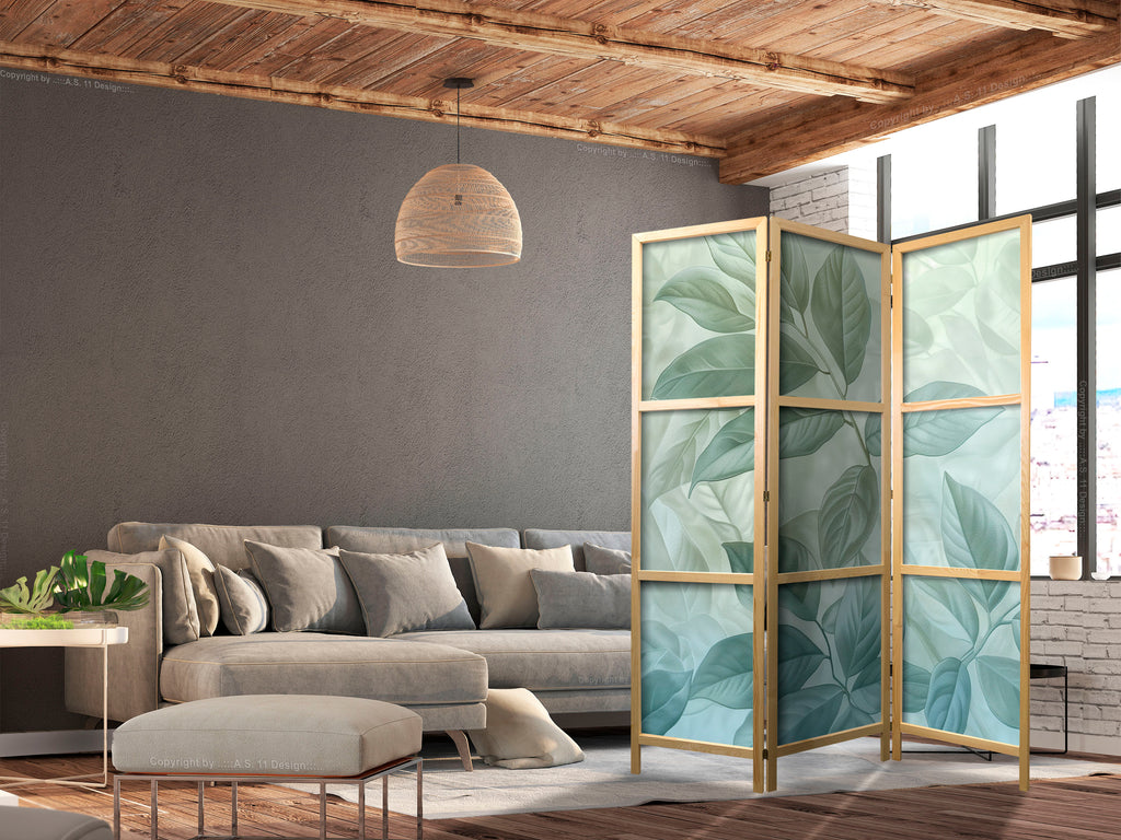 Japanese Room Divider - Large Leaves in Green-Mint Shades - Botanical Motif