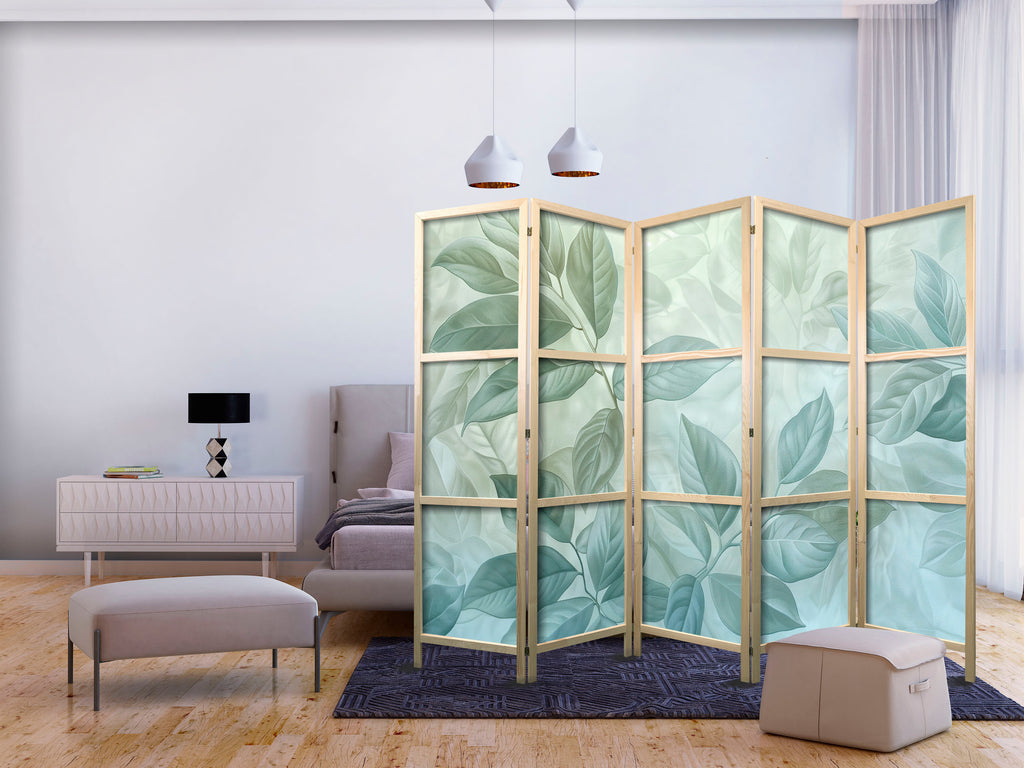 Japanese Room Divider - Botanical Leaves in Green-Mint