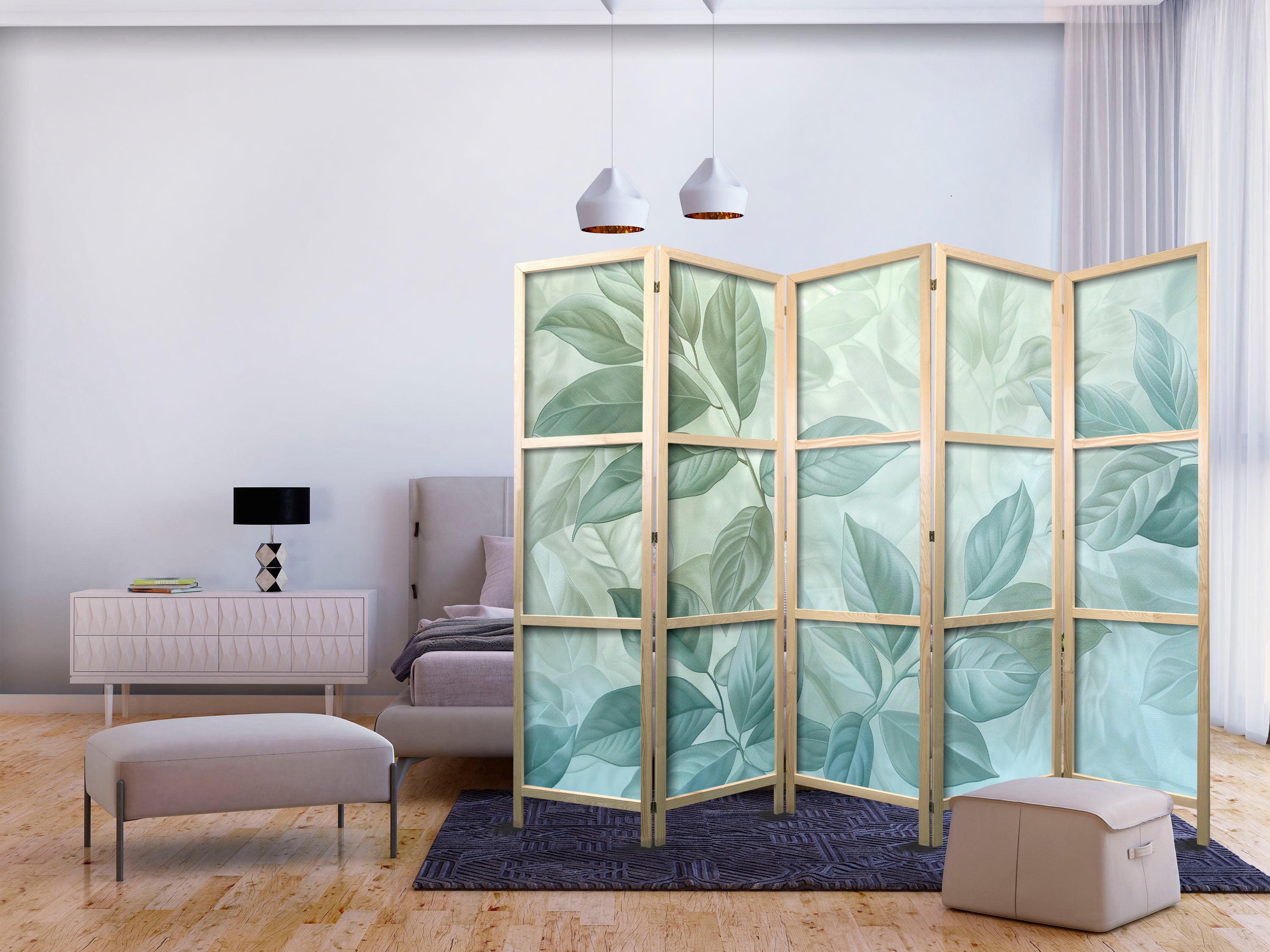 Japanese Room Divider - Botanical Leaves in Green-Mint