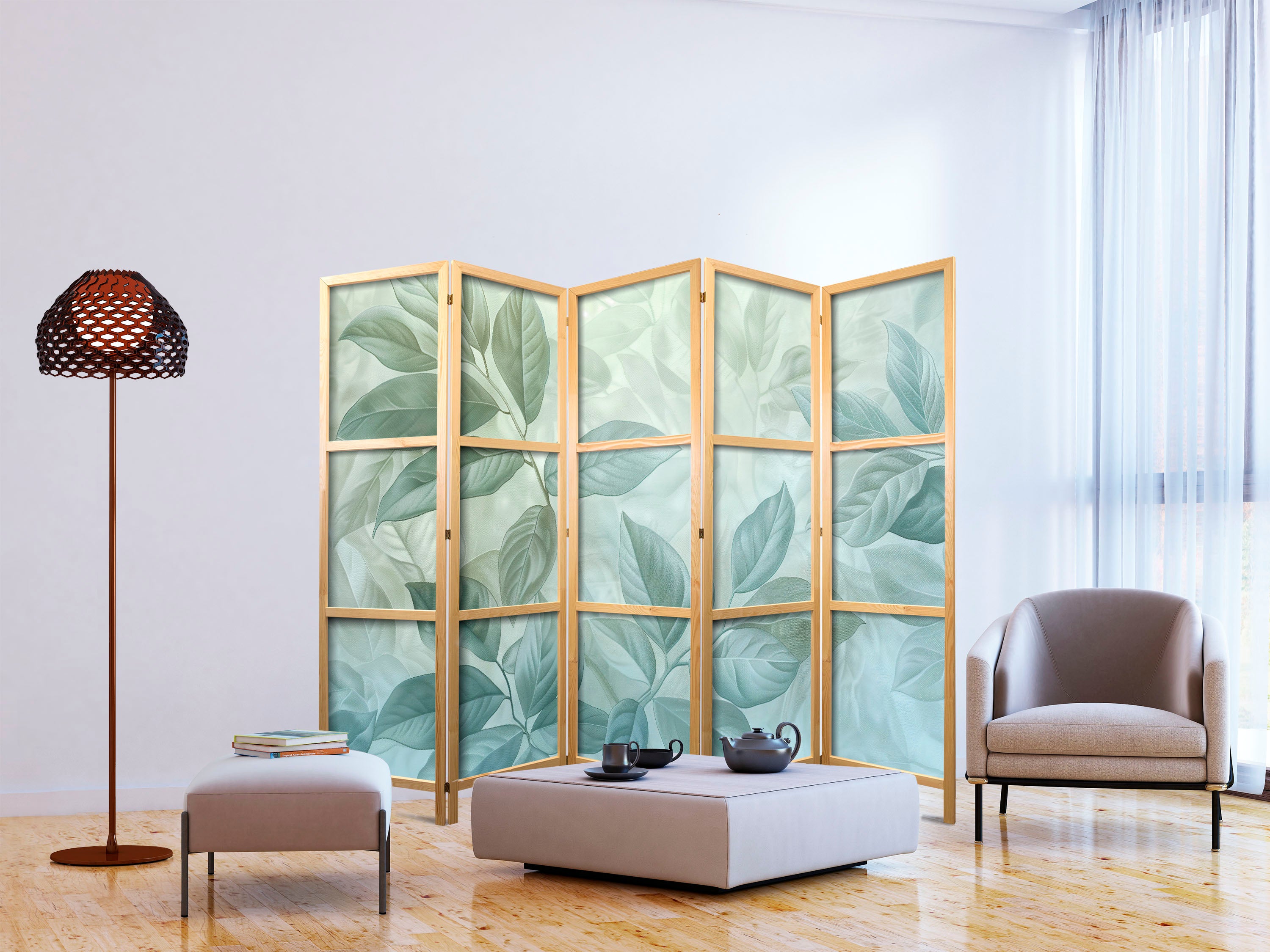 Japanese Room Divider - Botanical Leaves in Green-Mint