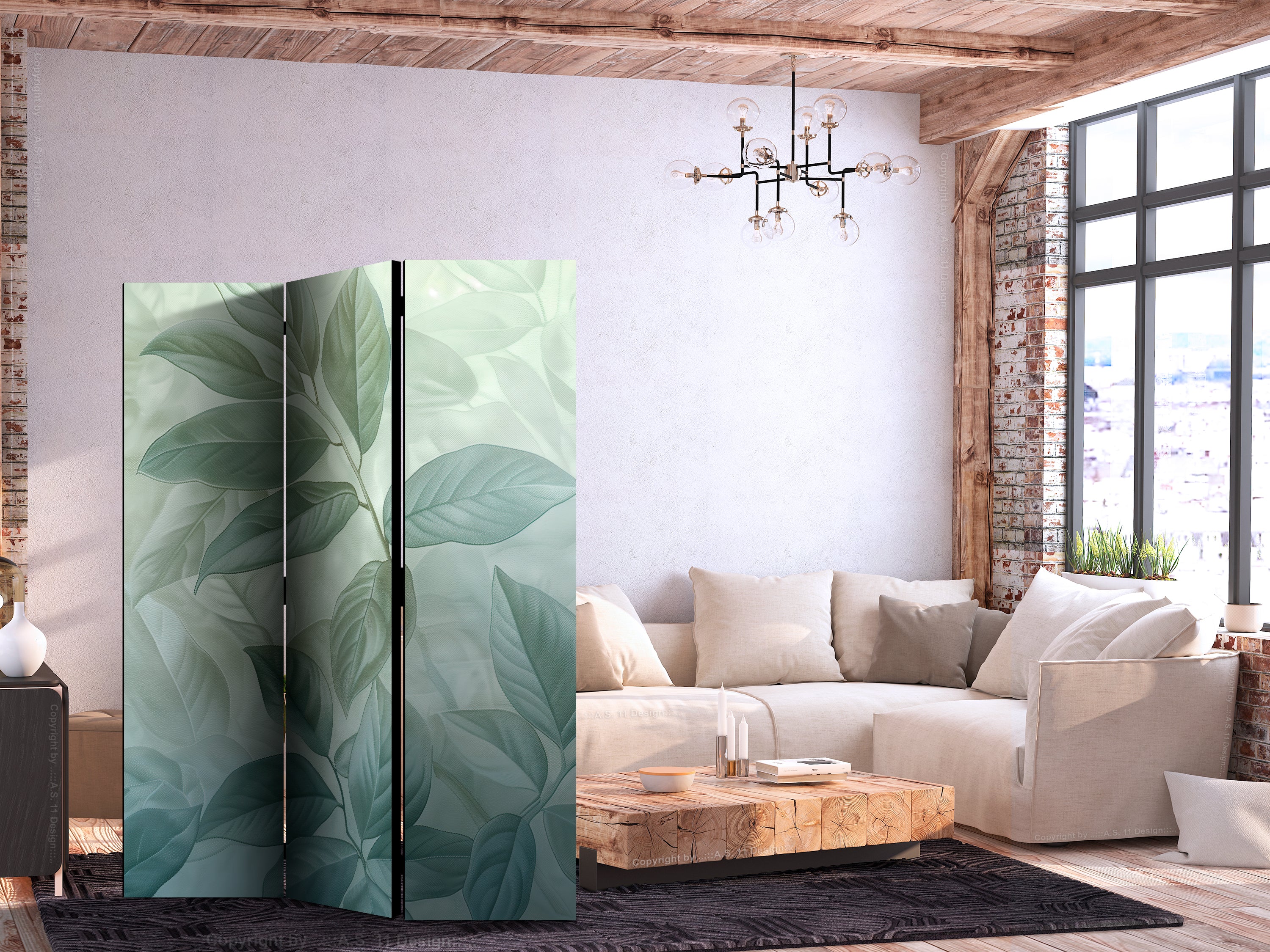 Room Divider with Large Leaves in Green-Mint