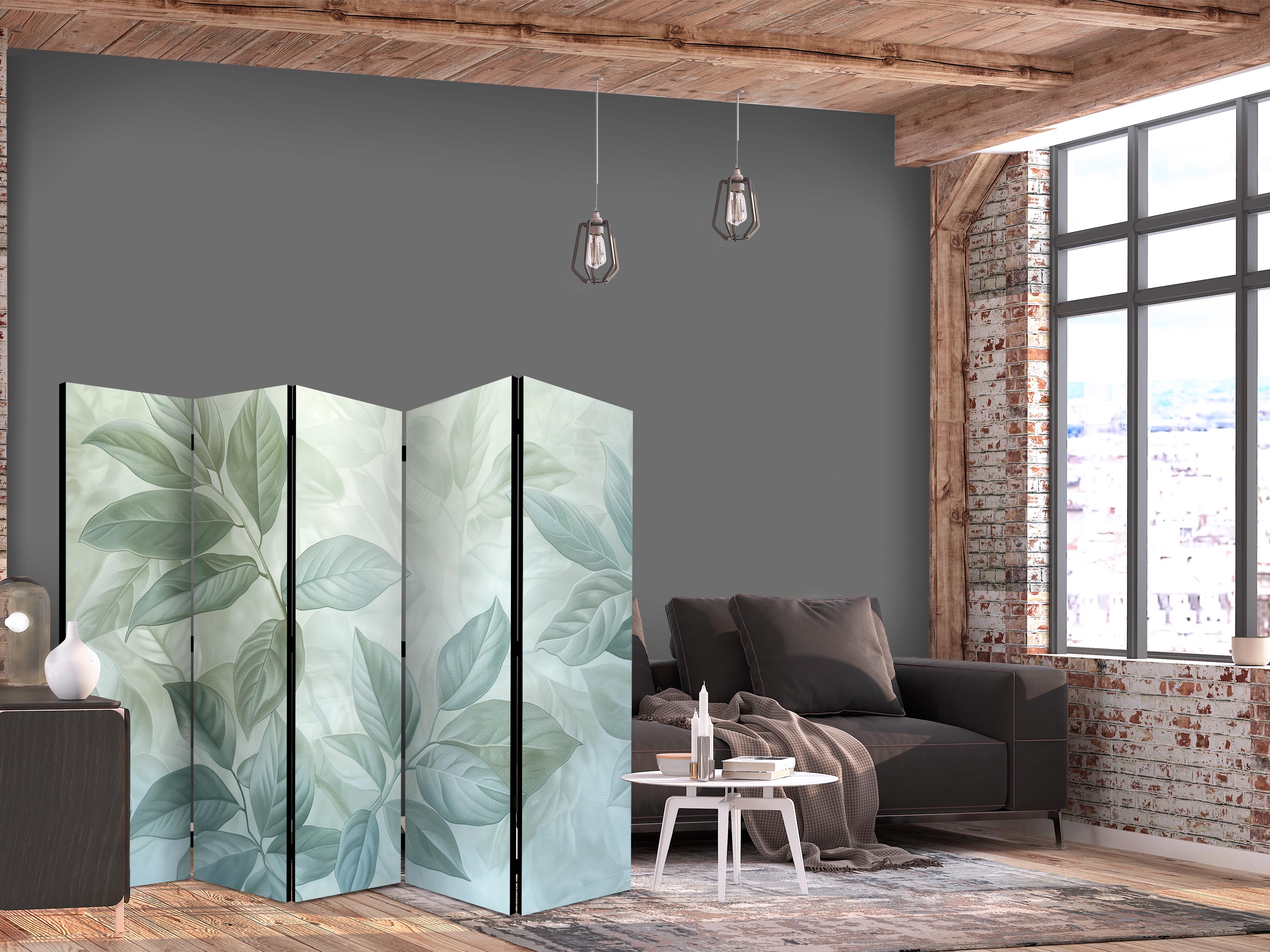 Room Divider - Large Leaves in Green-Mint Shades - Botanical Motif