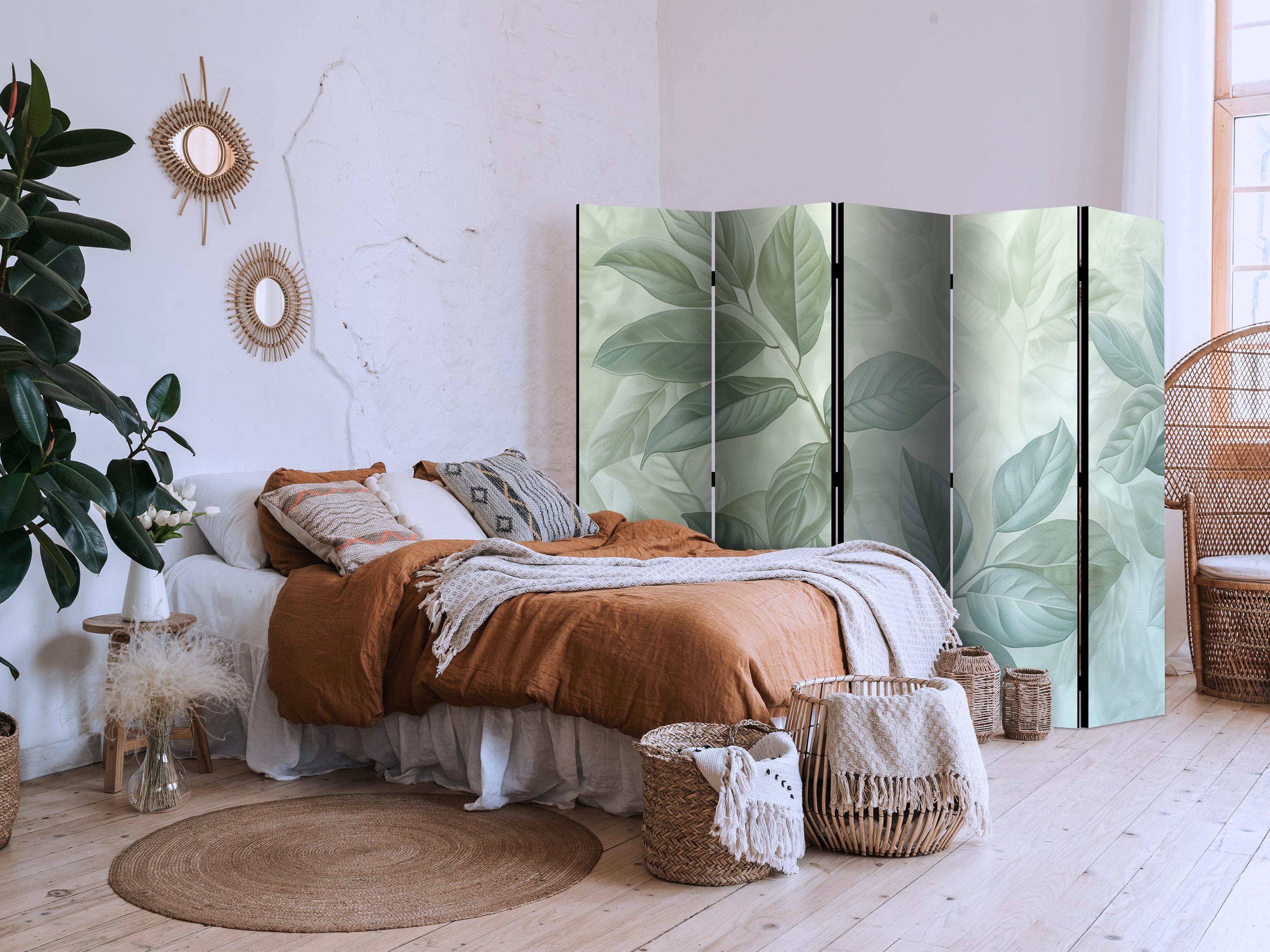 Room Divider - Large Leaves in Green-Mint Shades - Botanical Motif