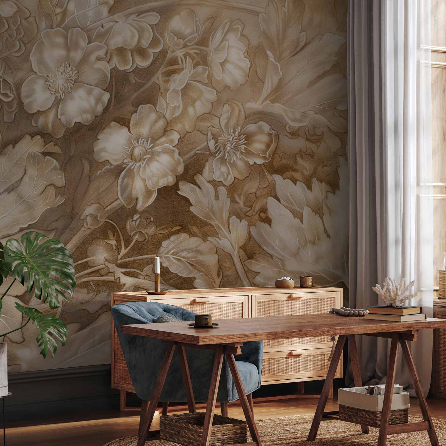 Sepia Baroque Floral Ornaments Wall Mural