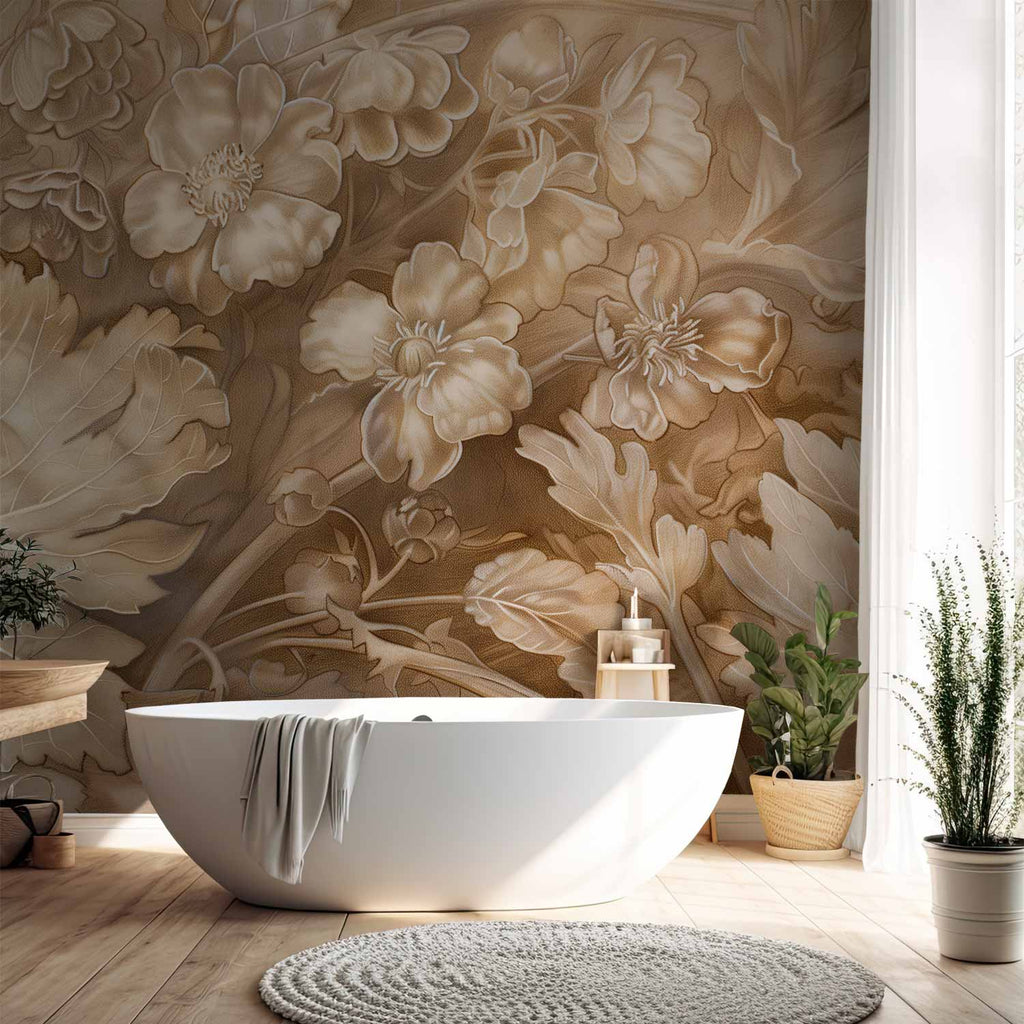 Sepia Baroque Floral Ornaments Wall Mural