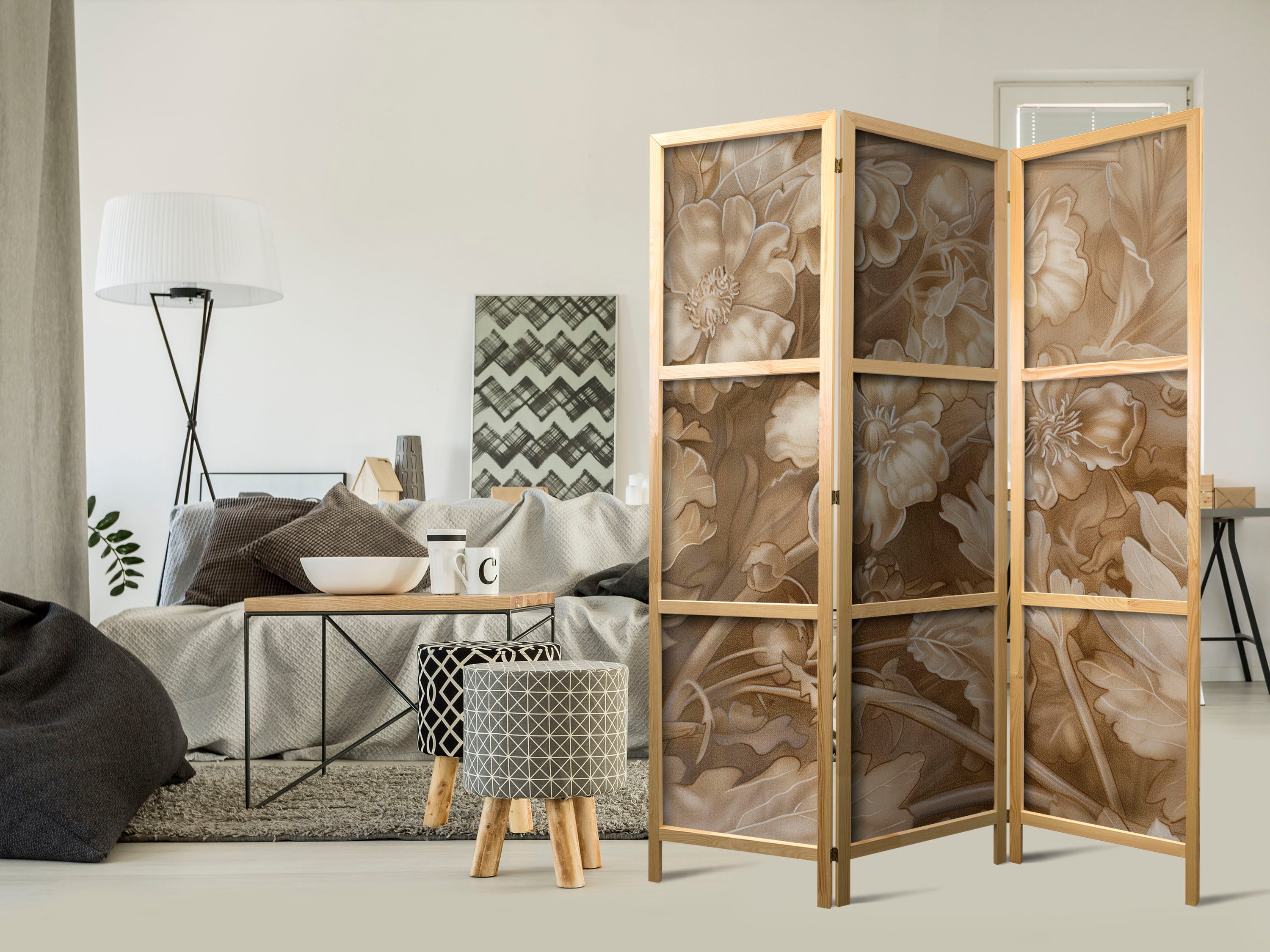 Japanese Room Divider - Carved Baroque Ornaments - Rich Composition in Sepia Colors