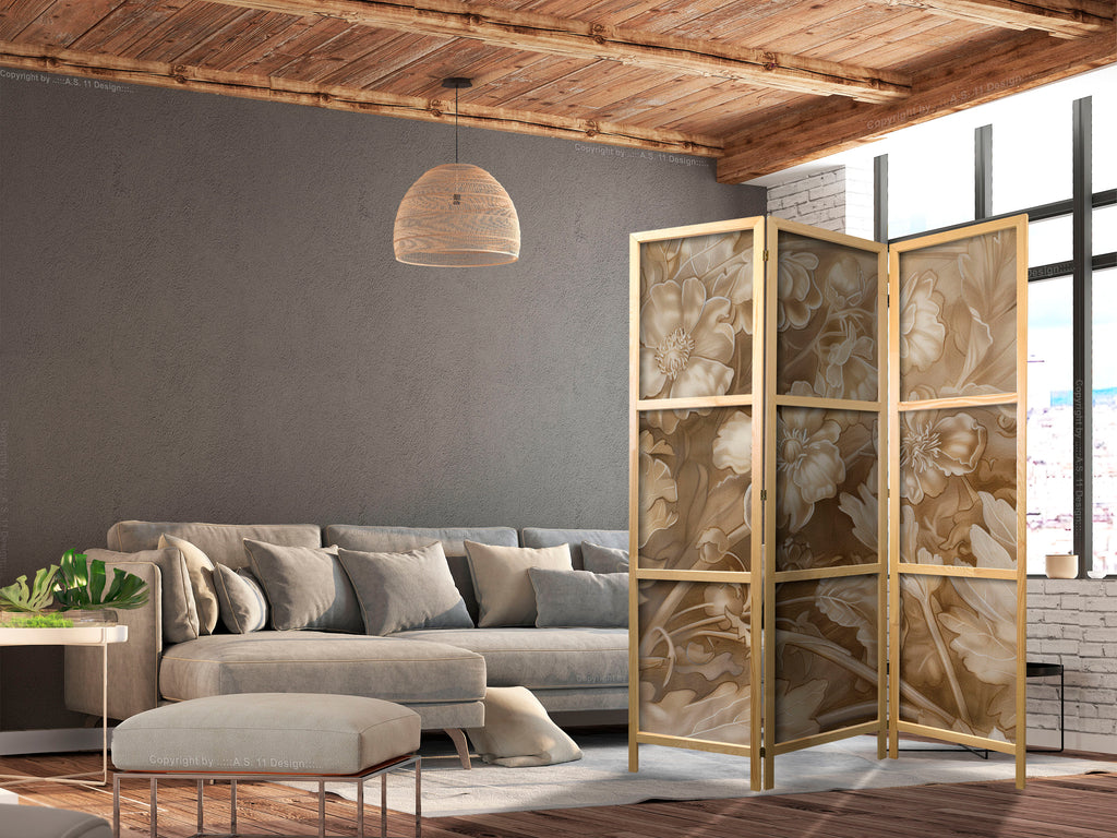 Japanese Room Divider - Carved Baroque Ornaments - Rich Composition in Sepia Colors