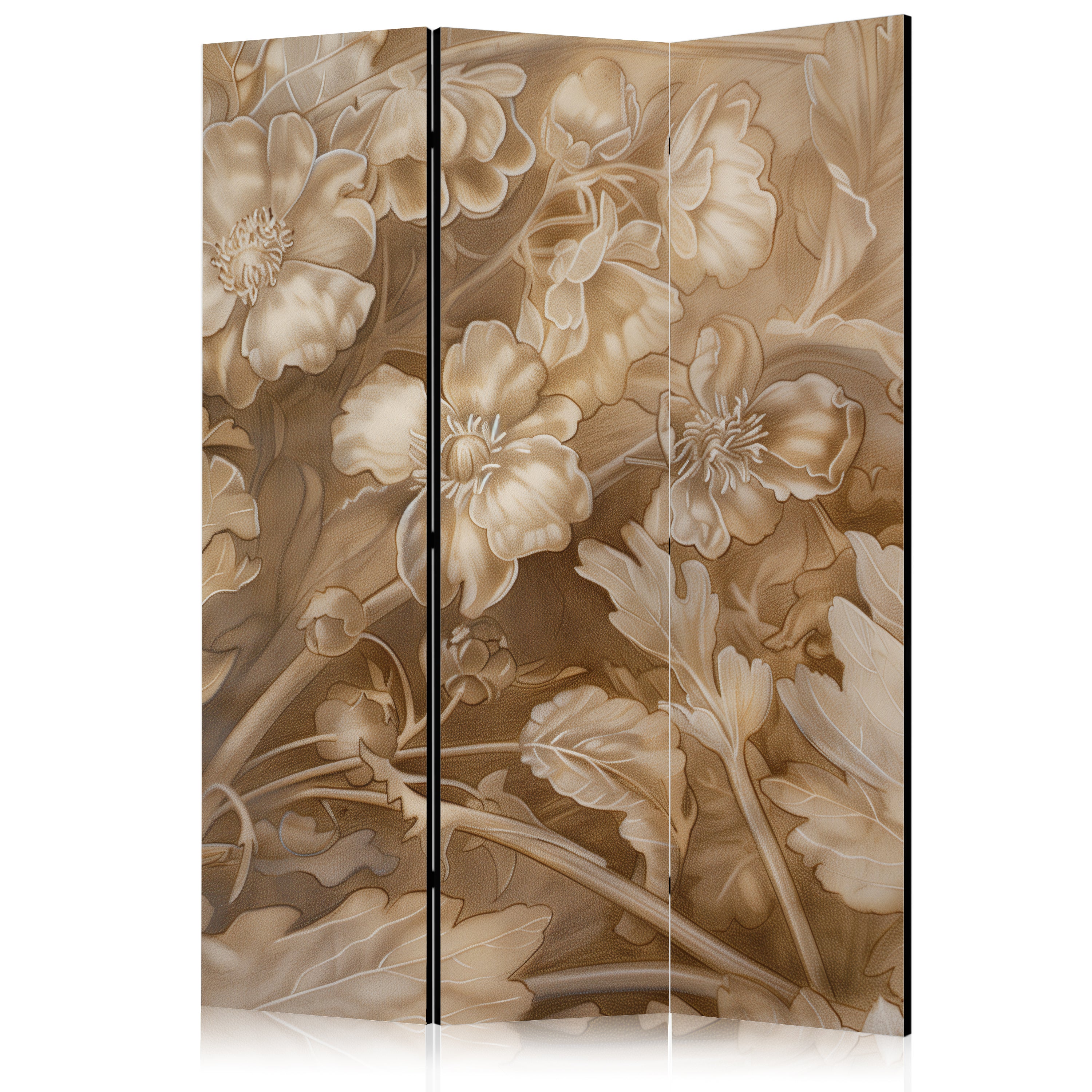 Room Divider with Carved Floral Ornaments in Sepia and Brown Tones