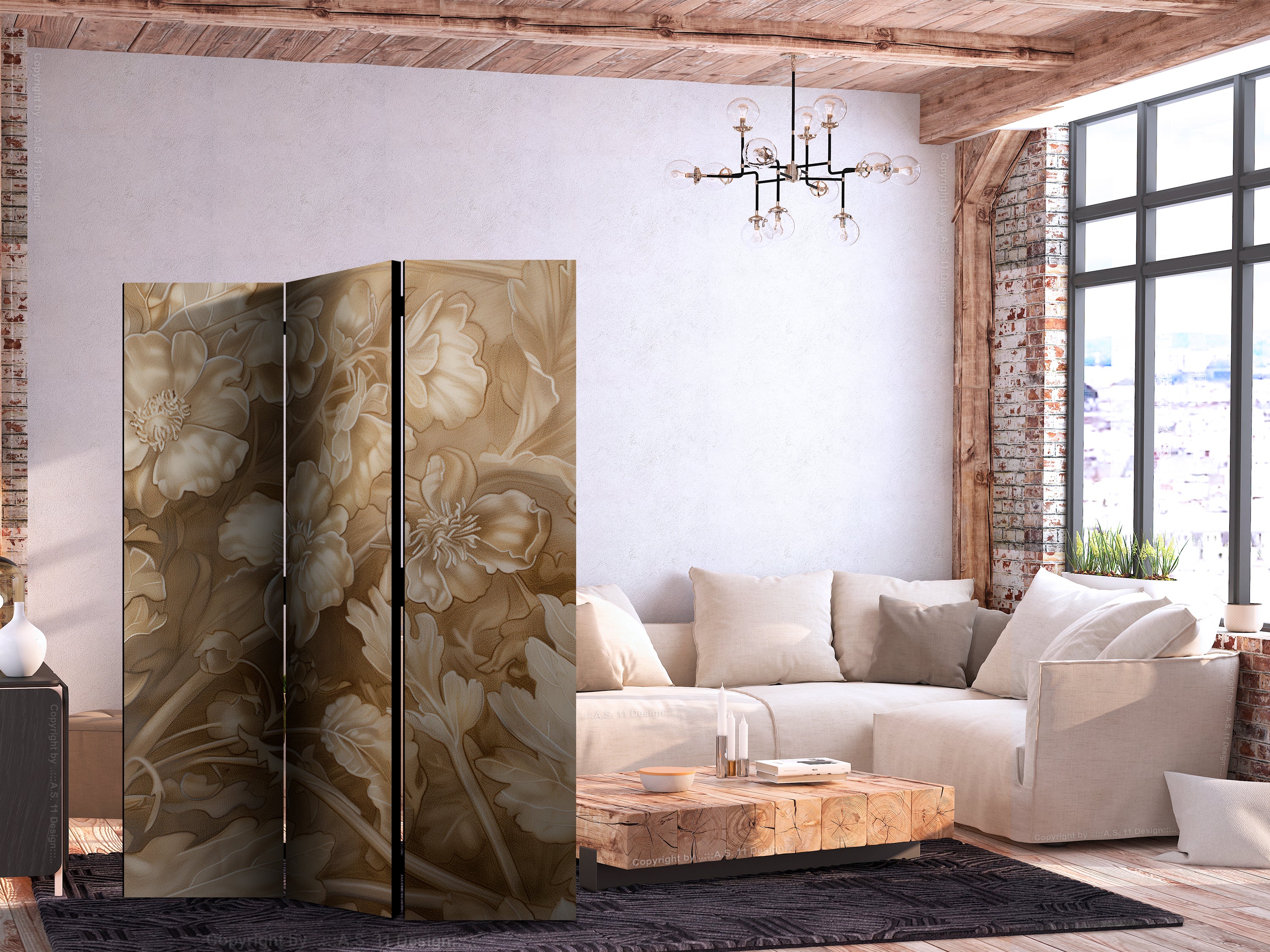 Room Divider with Carved Floral Ornaments in Sepia and Brown Tones
