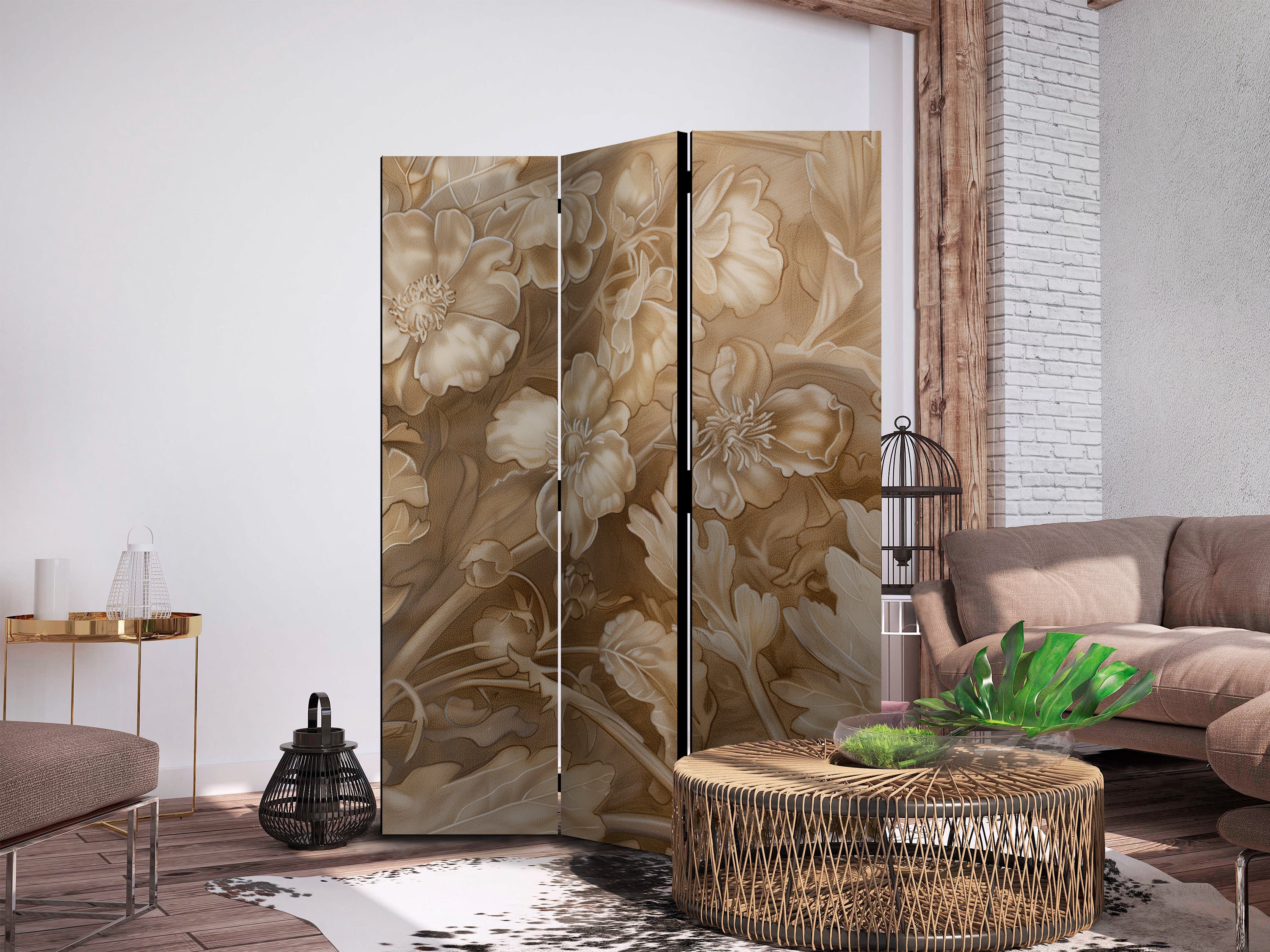 Room Divider with Carved Floral Ornaments in Sepia and Brown Tones