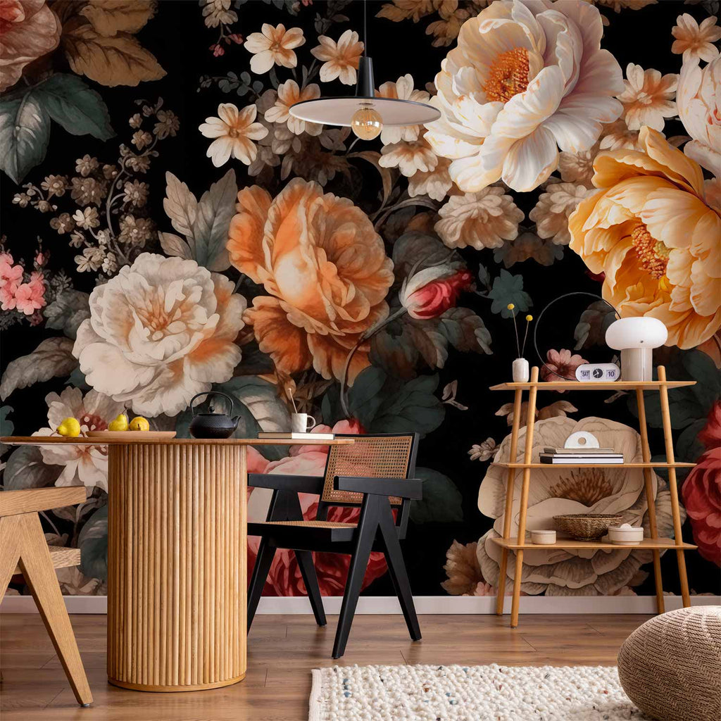 Colourful Flowers Black Background Wall Mural