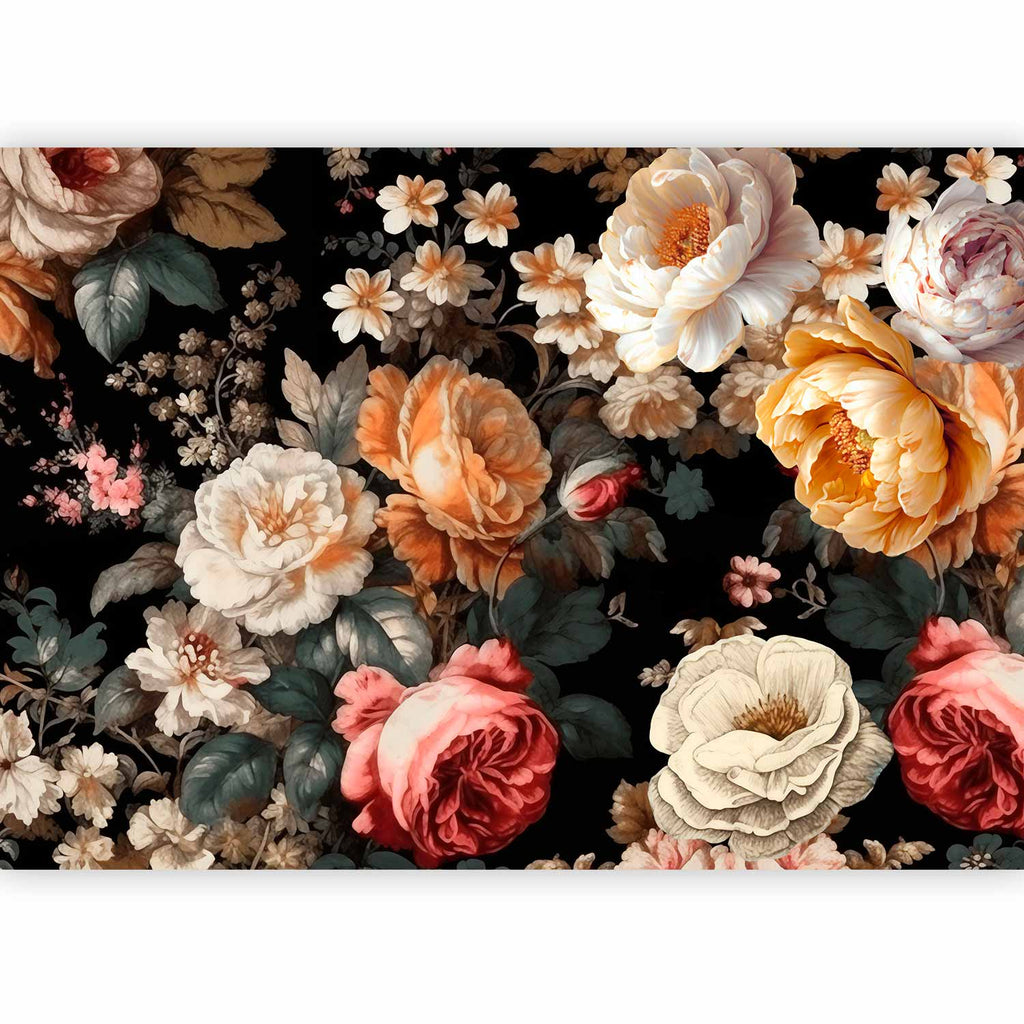 Colourful Flowers Black Background Wall Mural