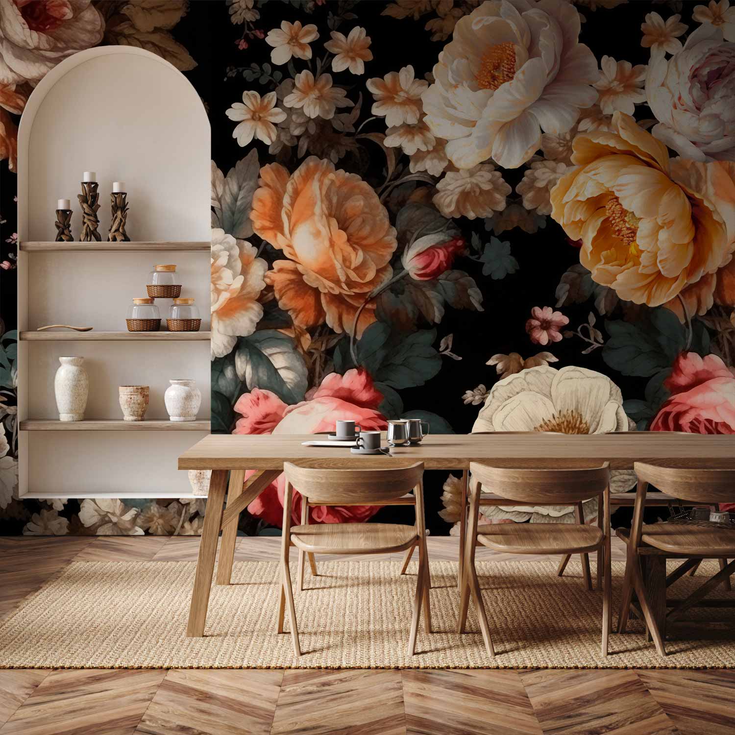 Colourful Flowers Black Background Wall Mural