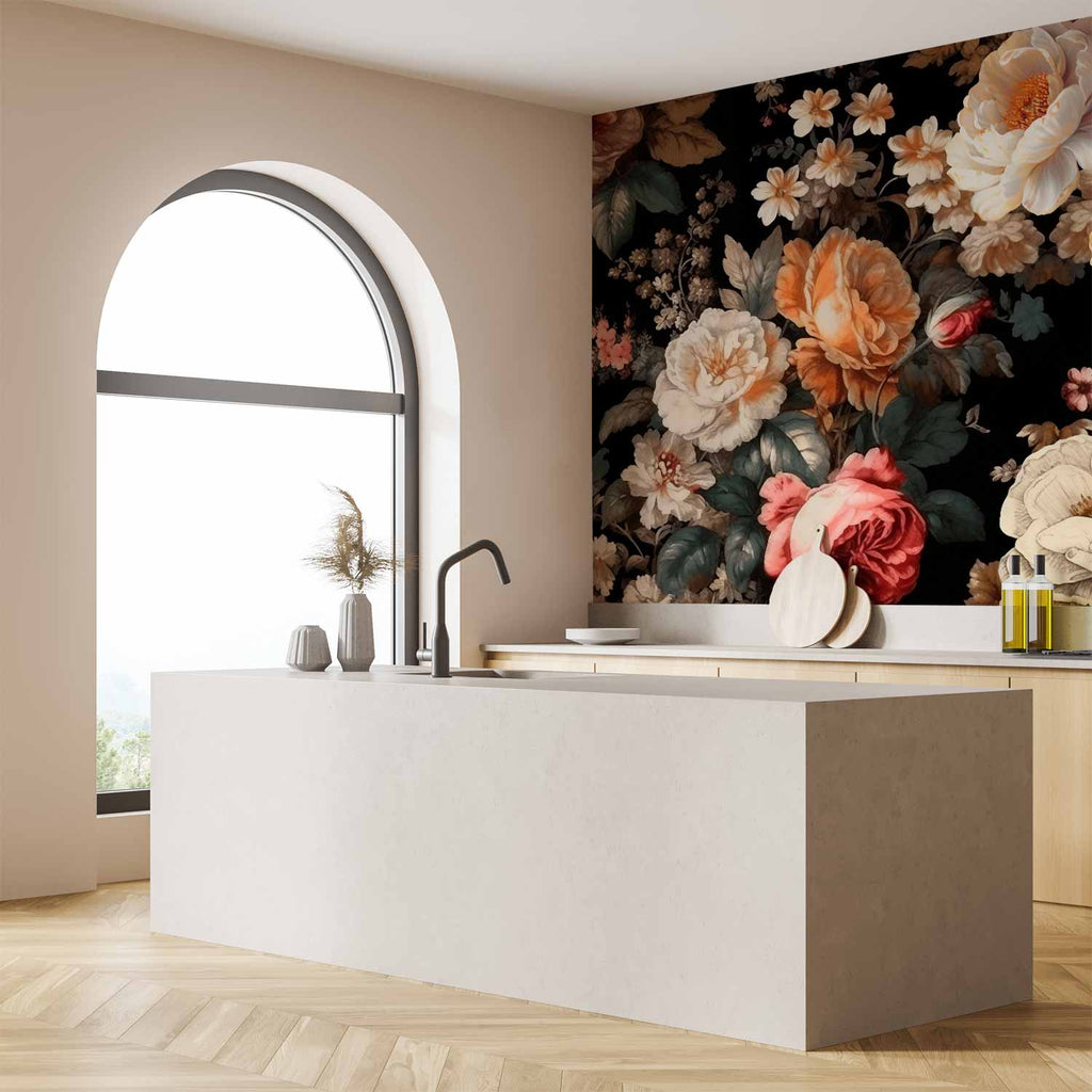 Colourful Flowers Black Background Wall Mural
