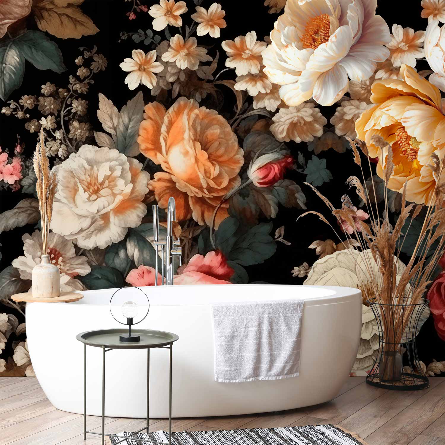 Colourful Flowers Black Background Wall Mural