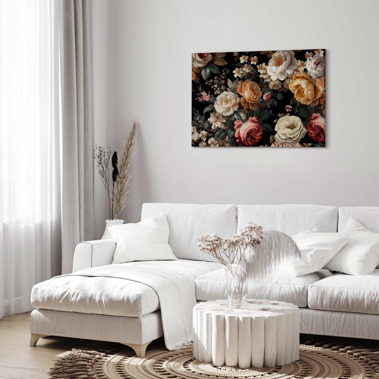 Colourful Flowers on Black Background Floral Canvas Print