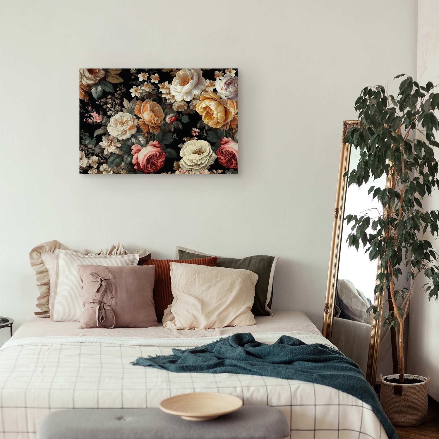 Colourful Flowers on Black Background Floral Canvas Print