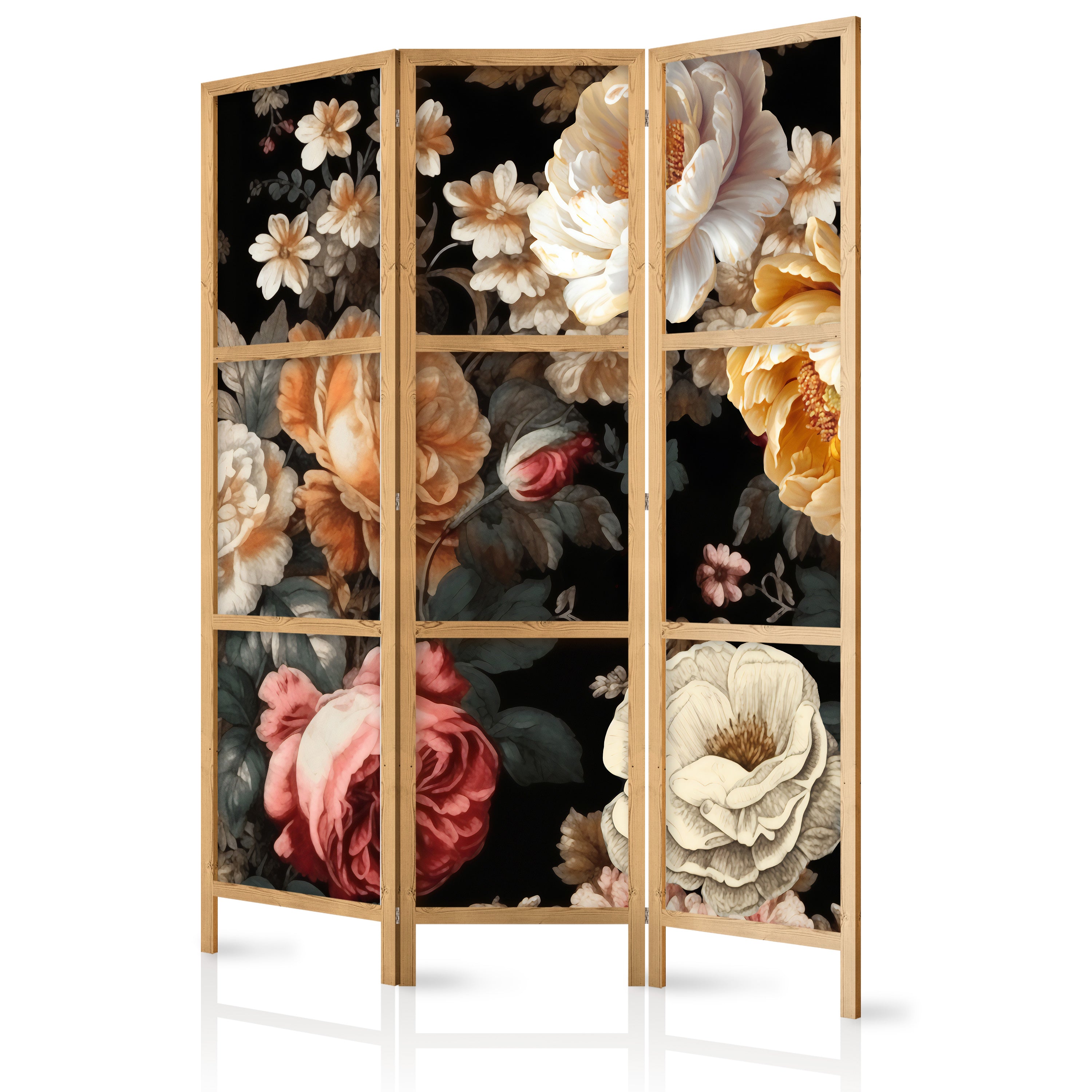 Japanese Room Divider with Vintage Floristry – Large Floral Artwork on Black