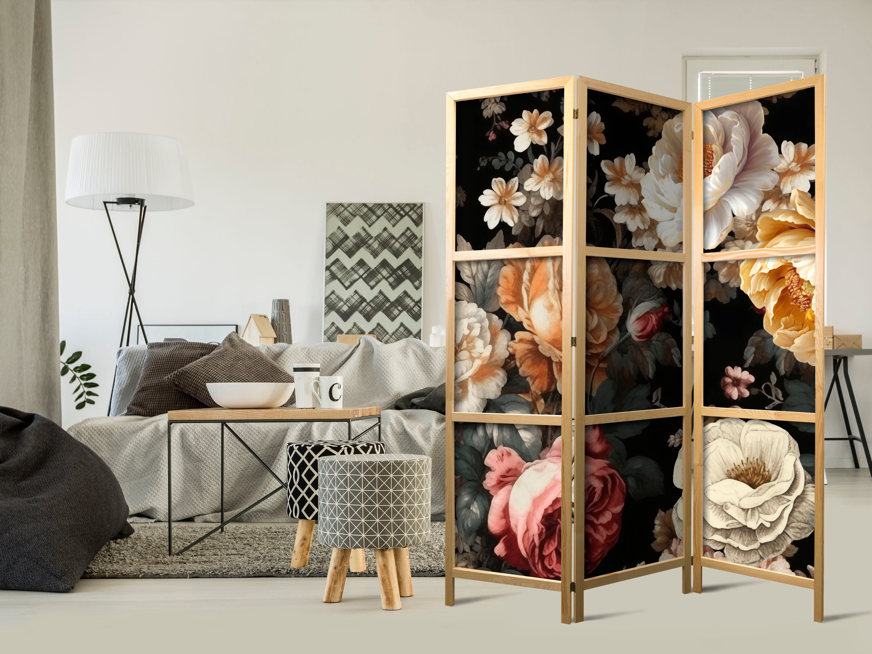Japanese Room Divider with Vintage Floristry – Large Floral Artwork on Black