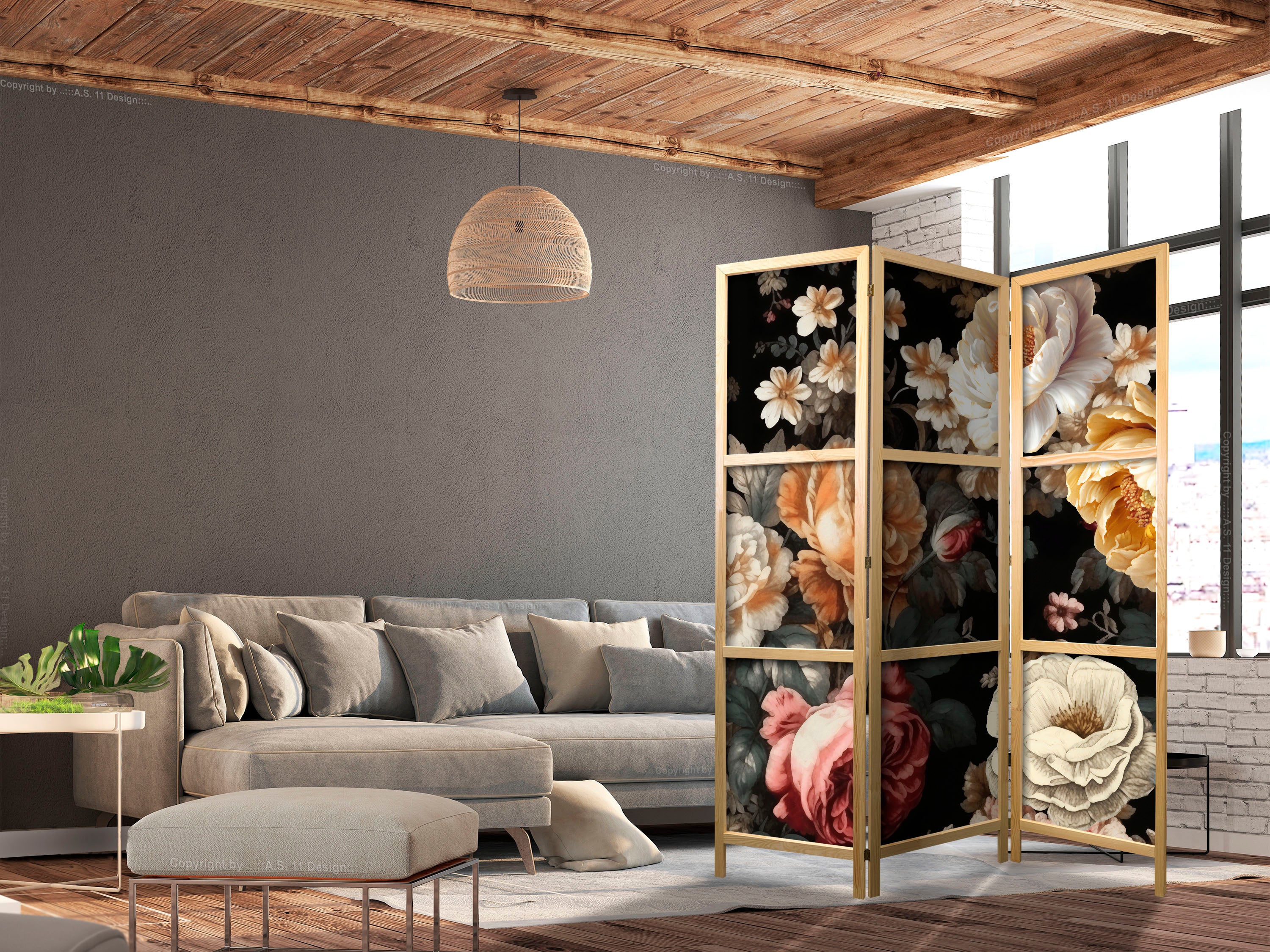 Japanese Room Divider with Vintage Floristry – Large Floral Artwork on Black