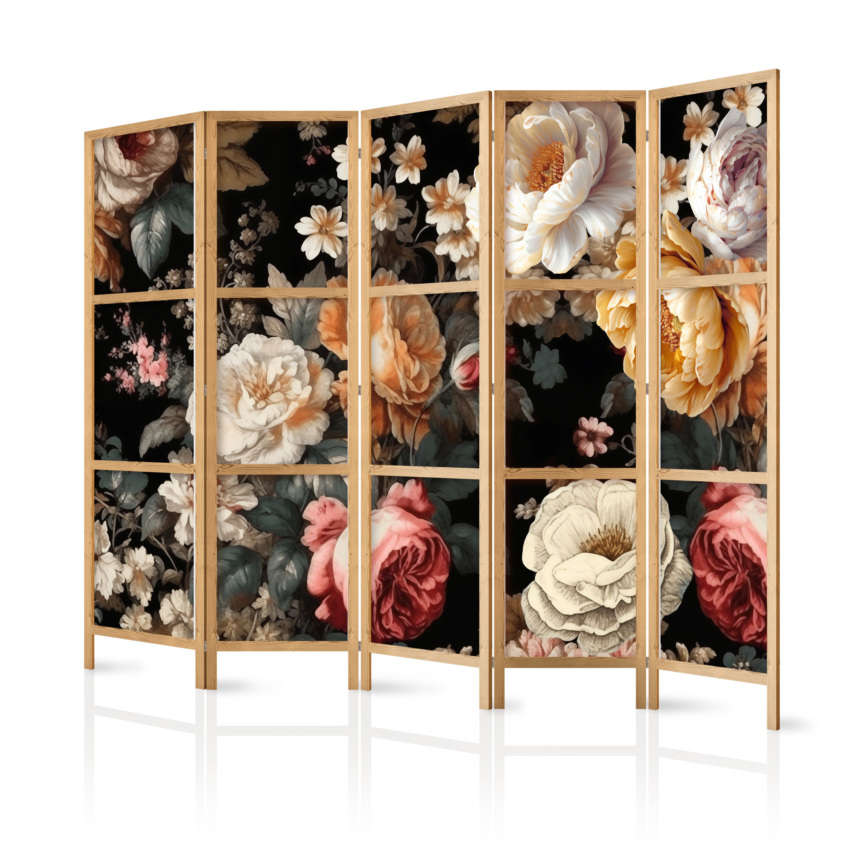 Floral Japanese Room Divider - 5-Panel Screen