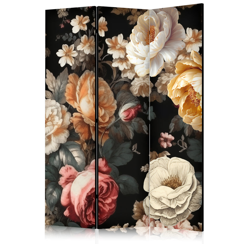 Room Divider Floristry Vintage Style with Colorful Flowers on Black Background