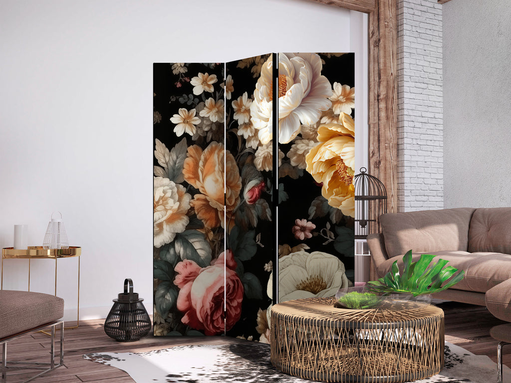Room Divider Floristry Vintage Style with Colorful Flowers on Black Background